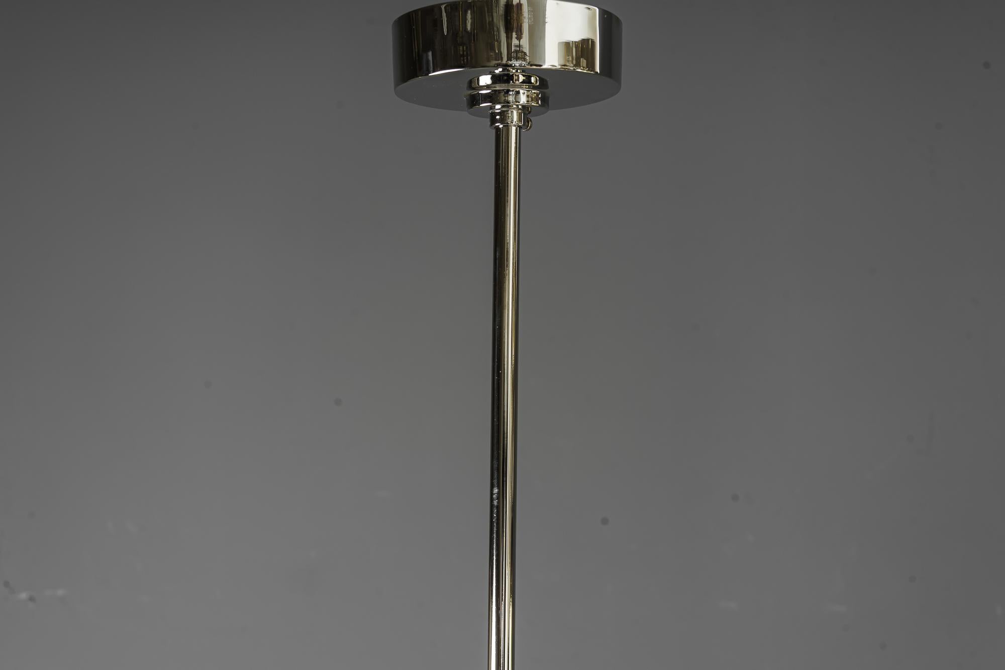Early 20th Century Art Deco Nickel, Plated Pendant with Opal Glass Shade Vienna Around, 1920s For Sale