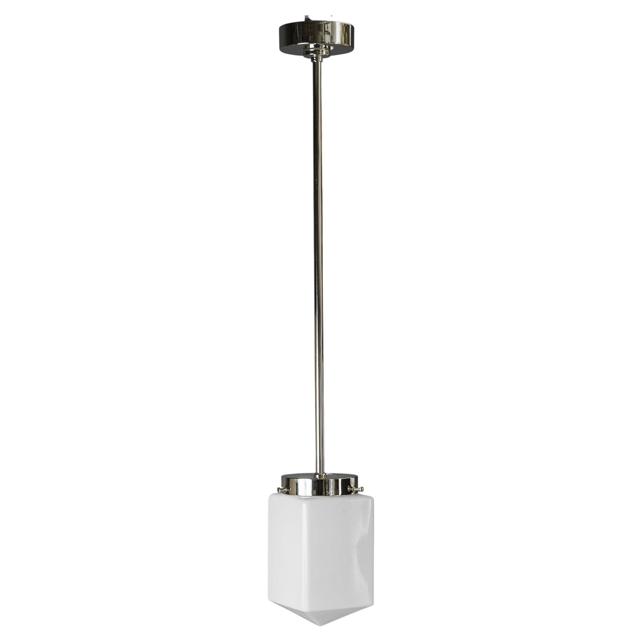 Art Deco Nickel, Plated Pendant with Opal Glass Shade Vienna Around, 1920s
