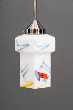 Art Deco Nickel, Plated Pendant with Original Glass Shade Around 1920s