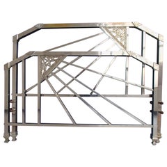 Art Deco Nickel Plated Queen Size Bed Head & Foot Part Geometrical & Floral