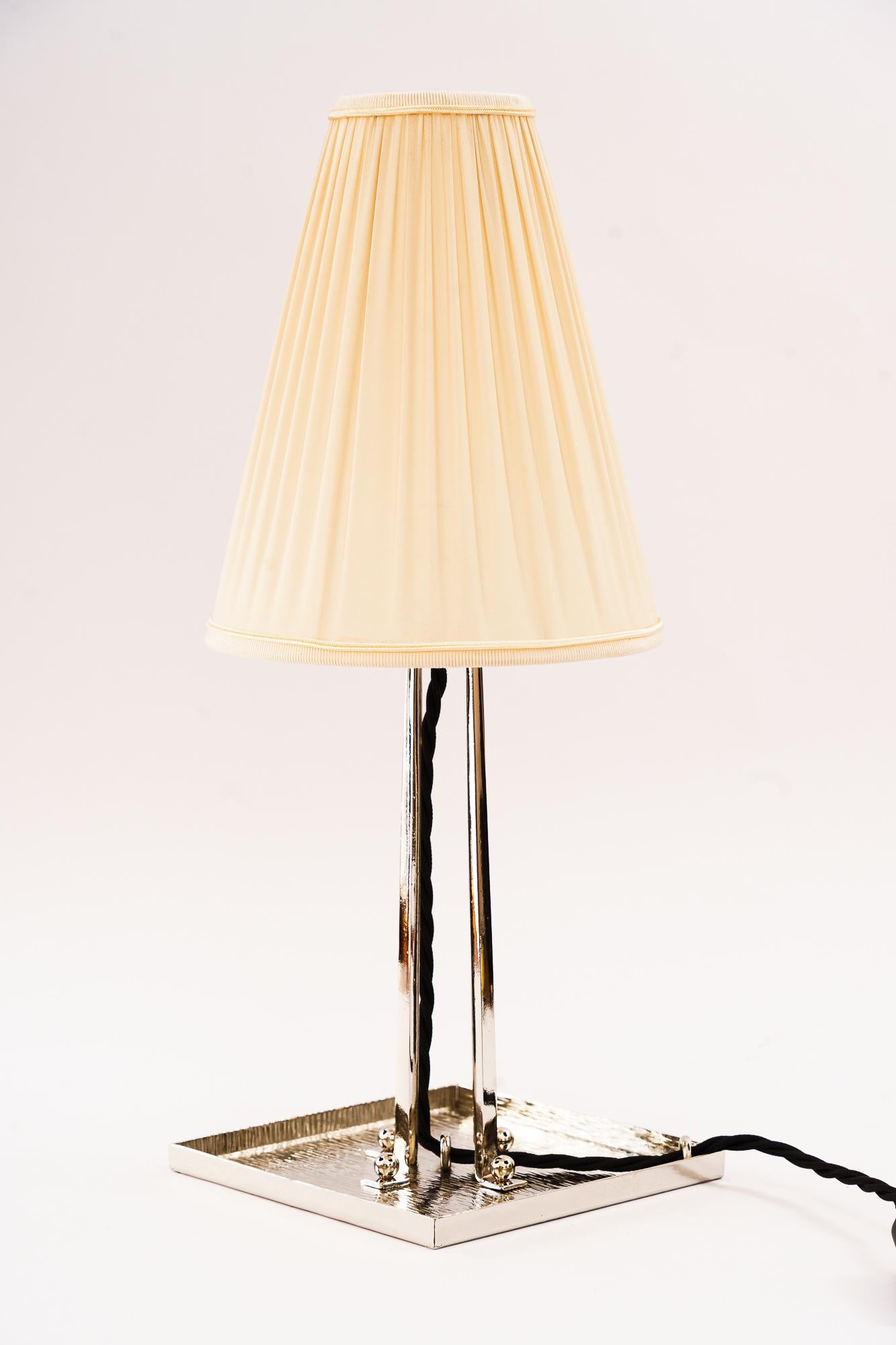 Plated Art Deco nickel - plated table lamp with fabric shade around 1920s For Sale