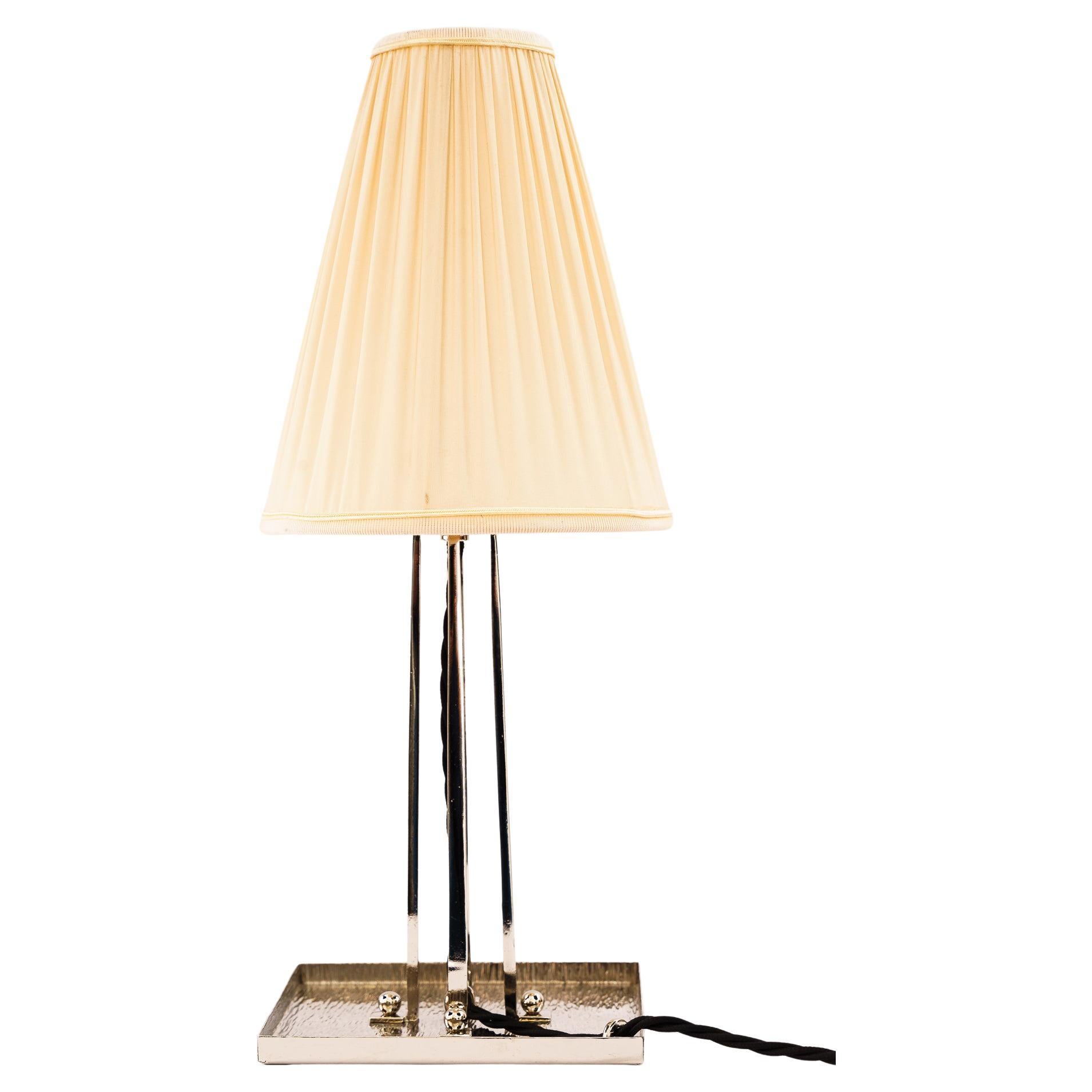 Art Deco nickel - plated table lamp with fabric shade around 1920s For Sale