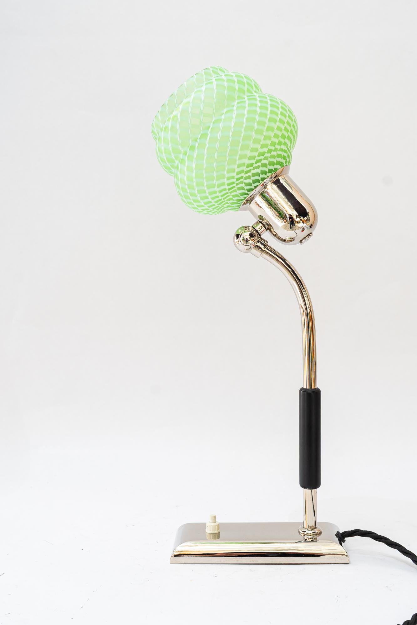 Austrian Art Deco nickel - plated table lamp with orig. antique glass shade vienna 1920s For Sale