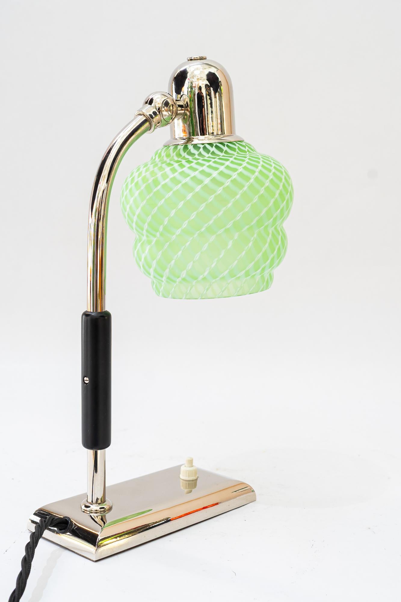 Glass Art Deco nickel - plated table lamp with orig. antique glass shade vienna 1920s For Sale