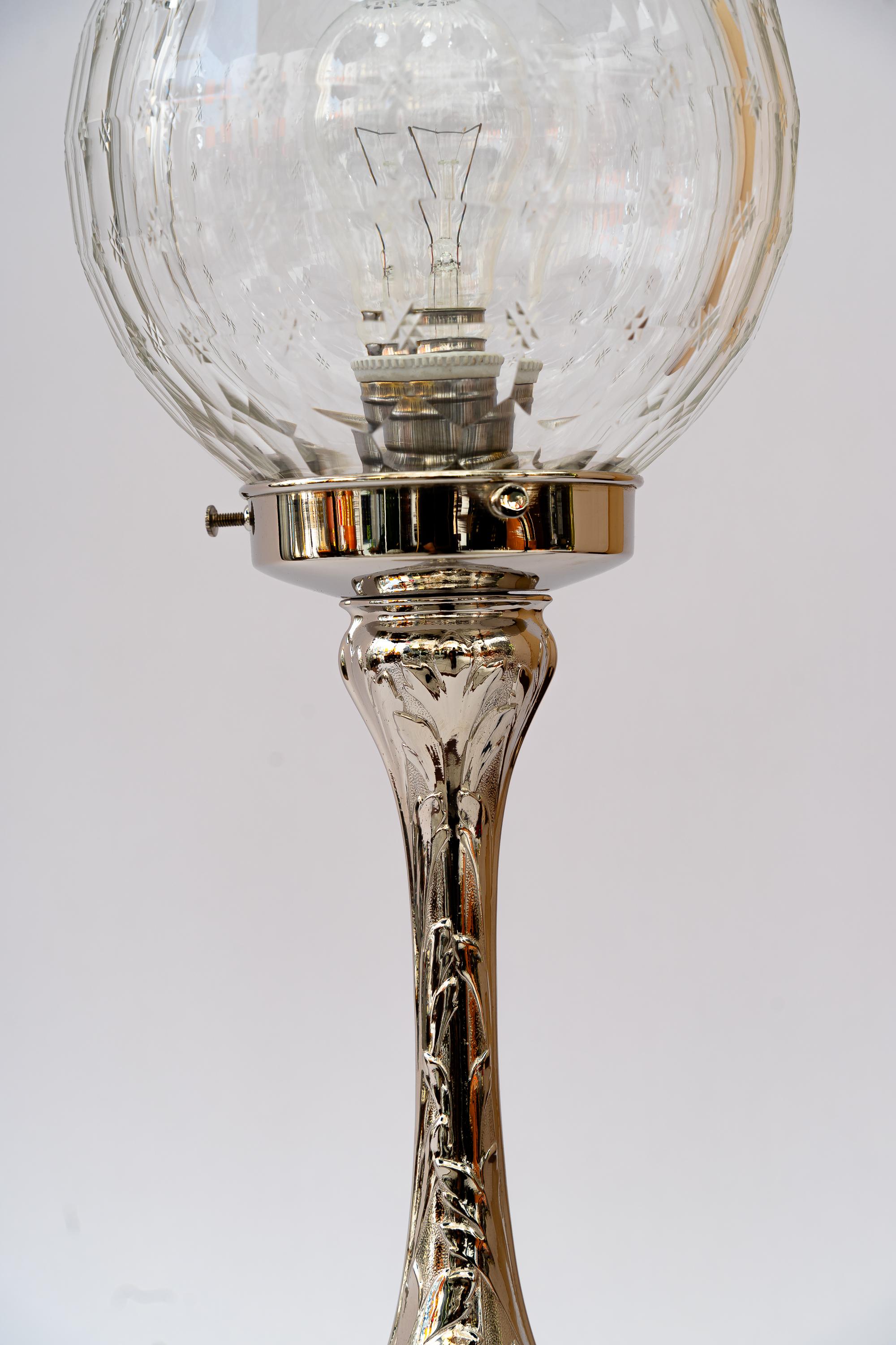 Early 20th Century Art Deco nickel - plated table lamp with original cut glass shade vienna 1920s For Sale