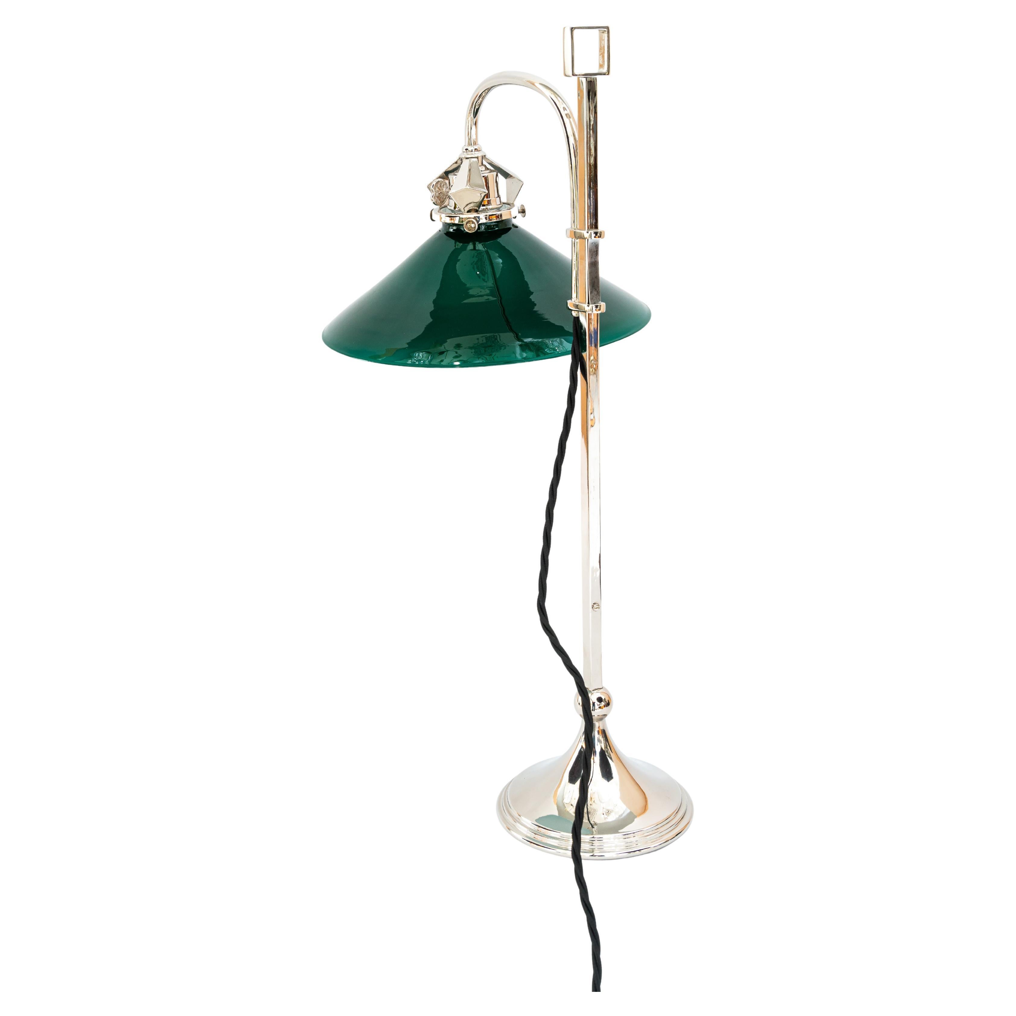 Art Deco nickel-plated table lamp with original green opaline glass shade 1920s