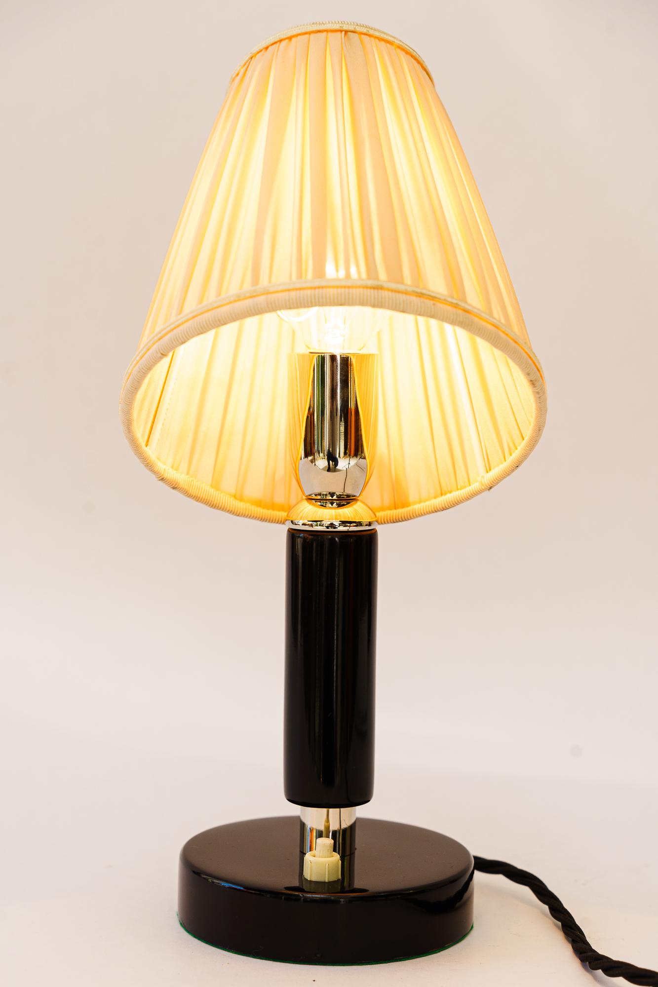 Early 20th Century Art Deco nickel-plated wooden table lamp with fabric shade around 1920s For Sale