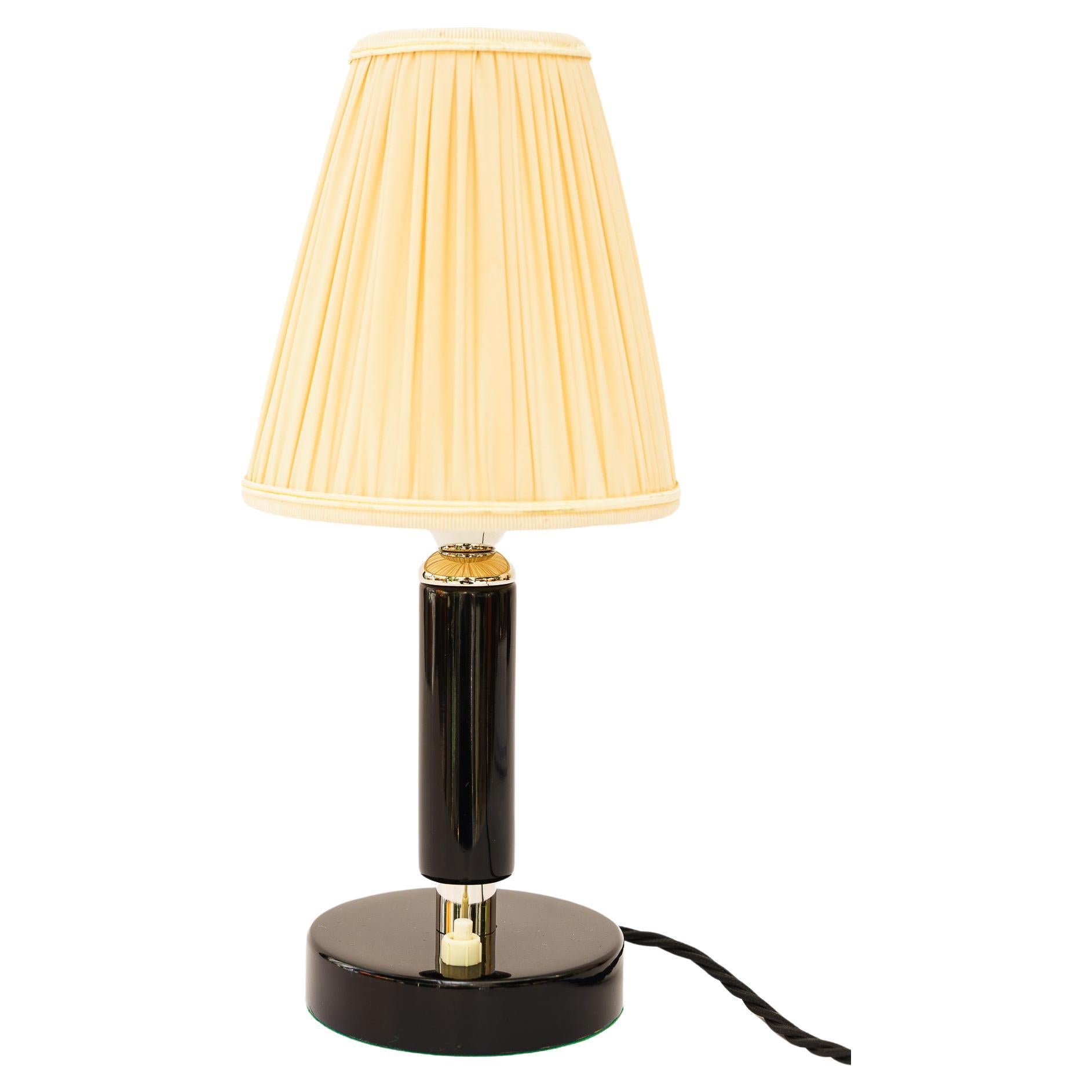 Art Deco nickel-plated wooden table lamp with fabric shade around 1920s For Sale