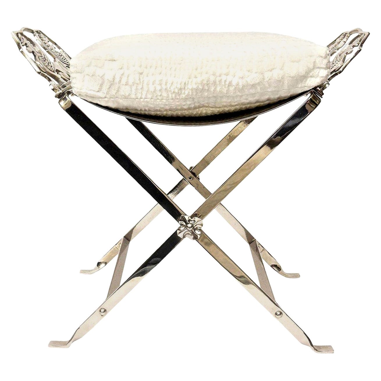 Art Deco Nickel Silver Bench with Griffin Designs Upholstered Off White Cushion For Sale