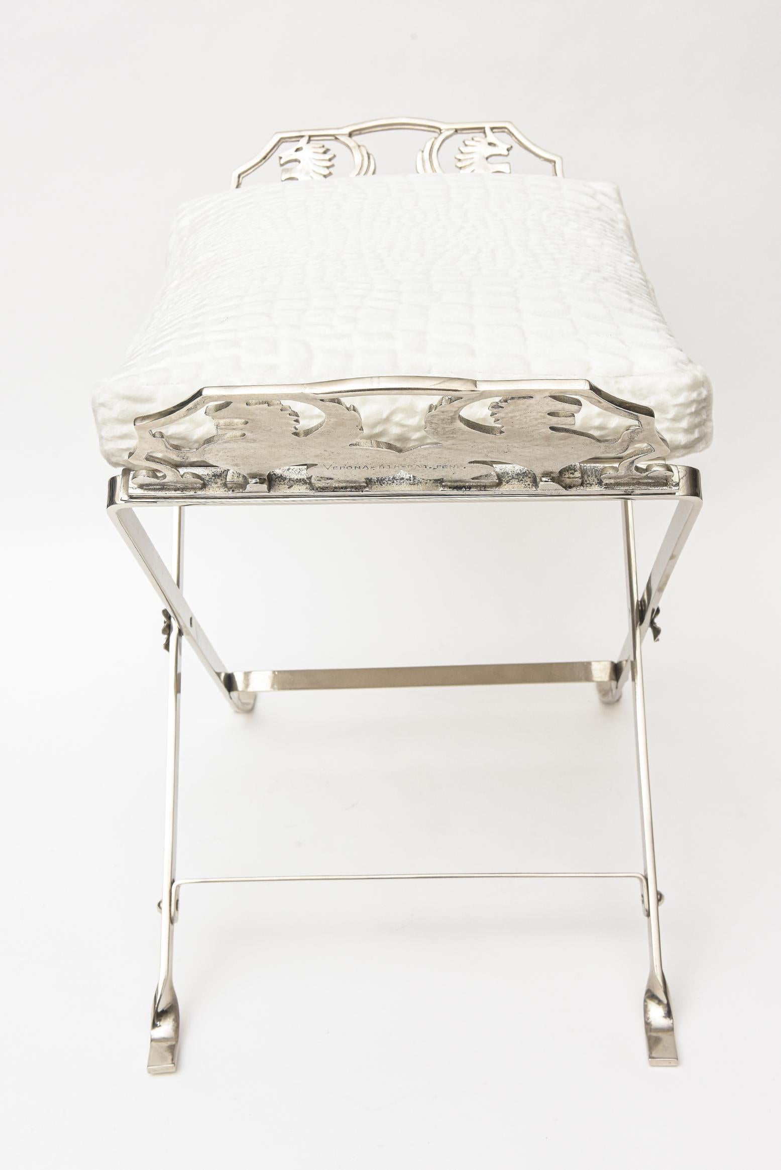 American Art Deco Griffin Restored Nickel Silver Bench with Upholstered Off White Cushion For Sale