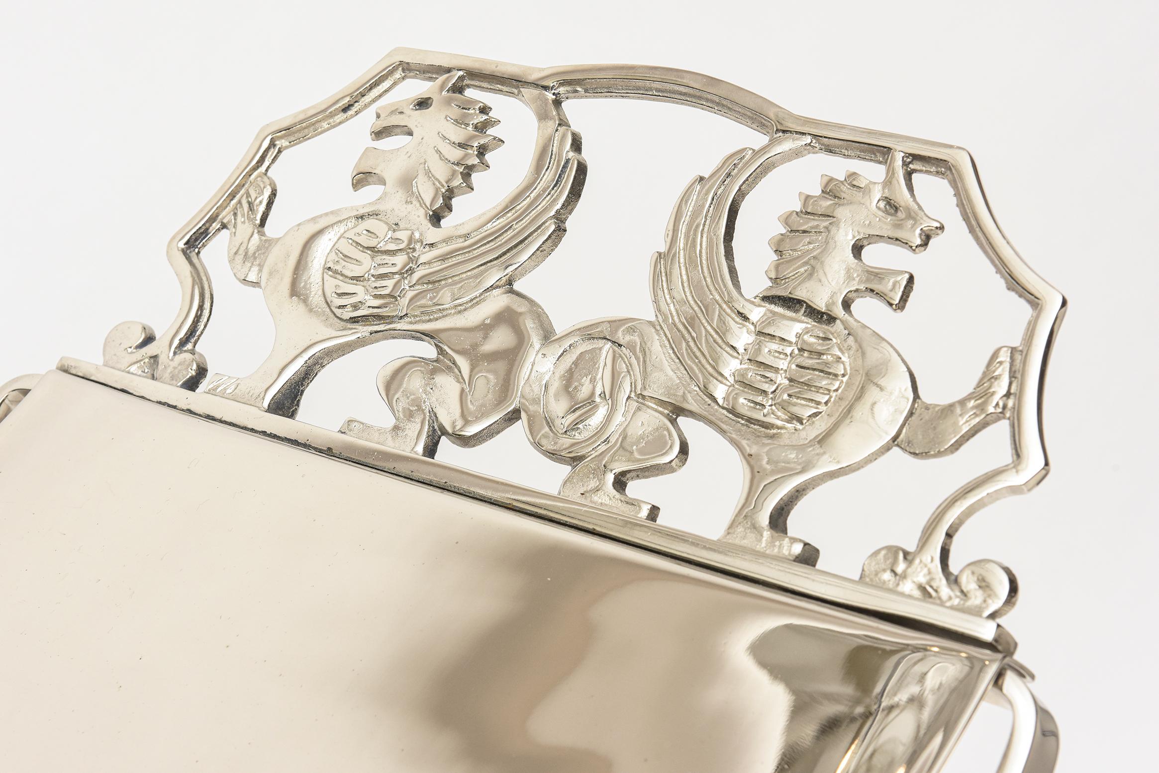 Iron Art Deco Griffin Restored Nickel Silver Bench with Upholstered Off White Cushion For Sale