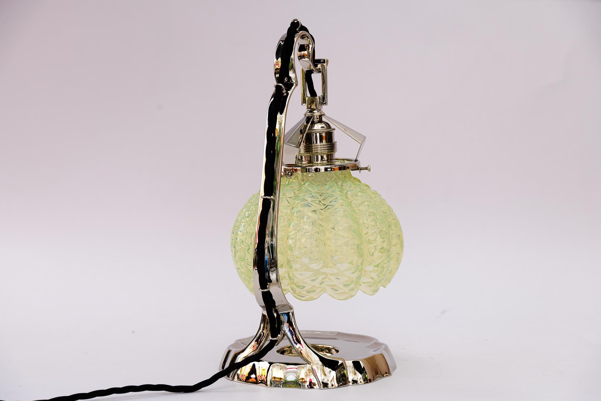 Austrian Art Deco nickel table lamp with original opaline glass shade vienna around 1920s For Sale