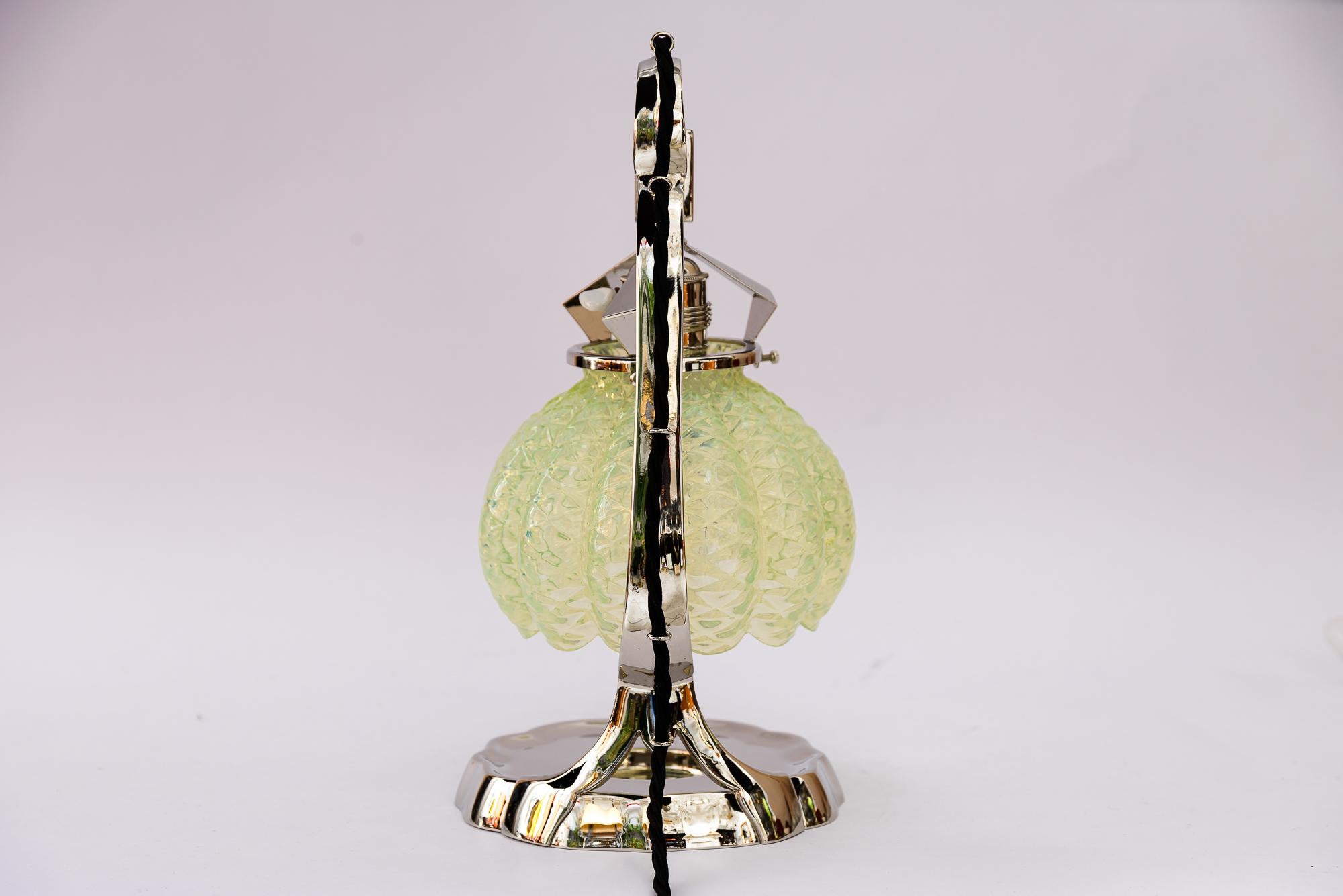 Plated Art Deco nickel table lamp with original opaline glass shade vienna around 1920s For Sale