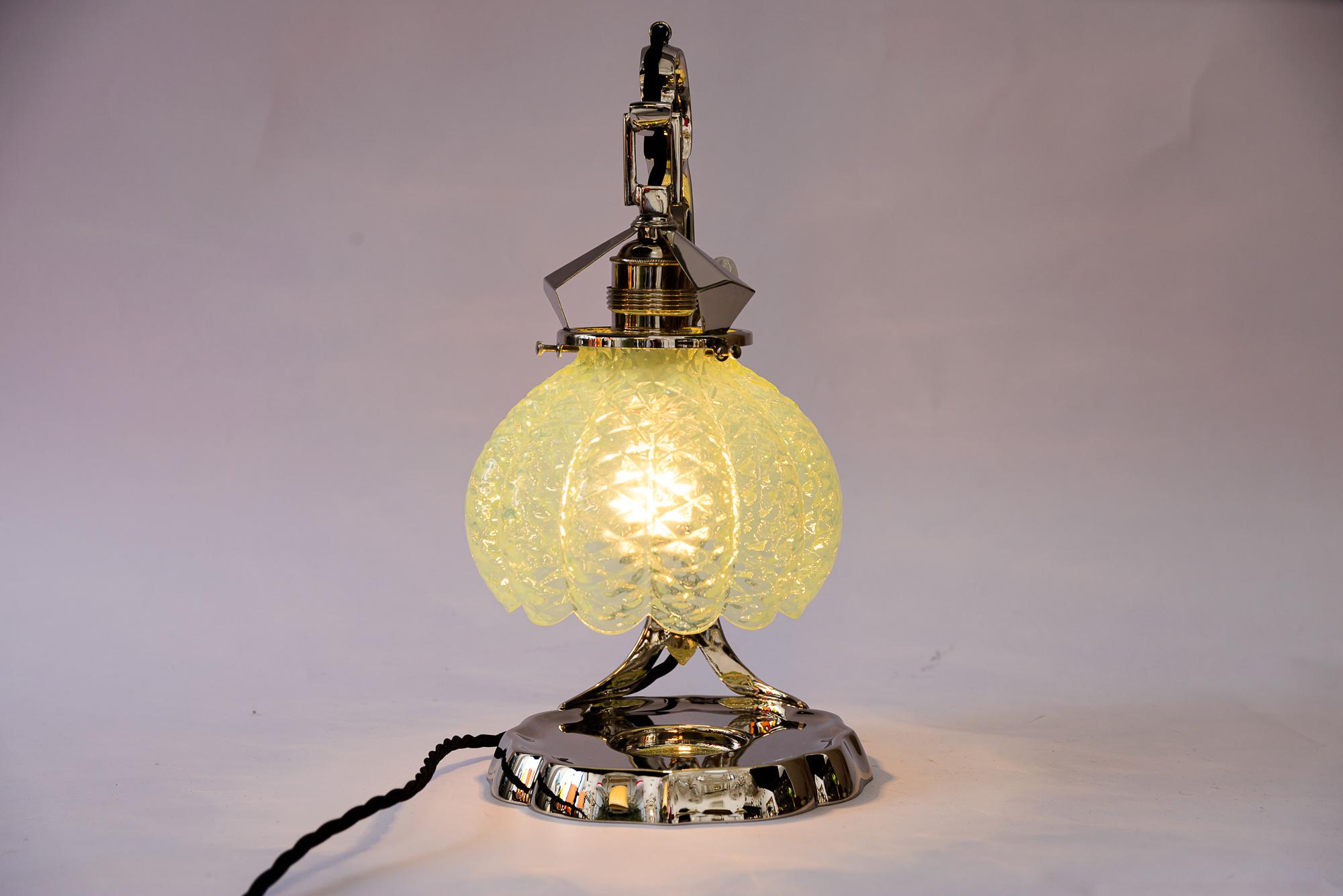 Early 20th Century Art Deco nickel table lamp with original opaline glass shade vienna around 1920s For Sale