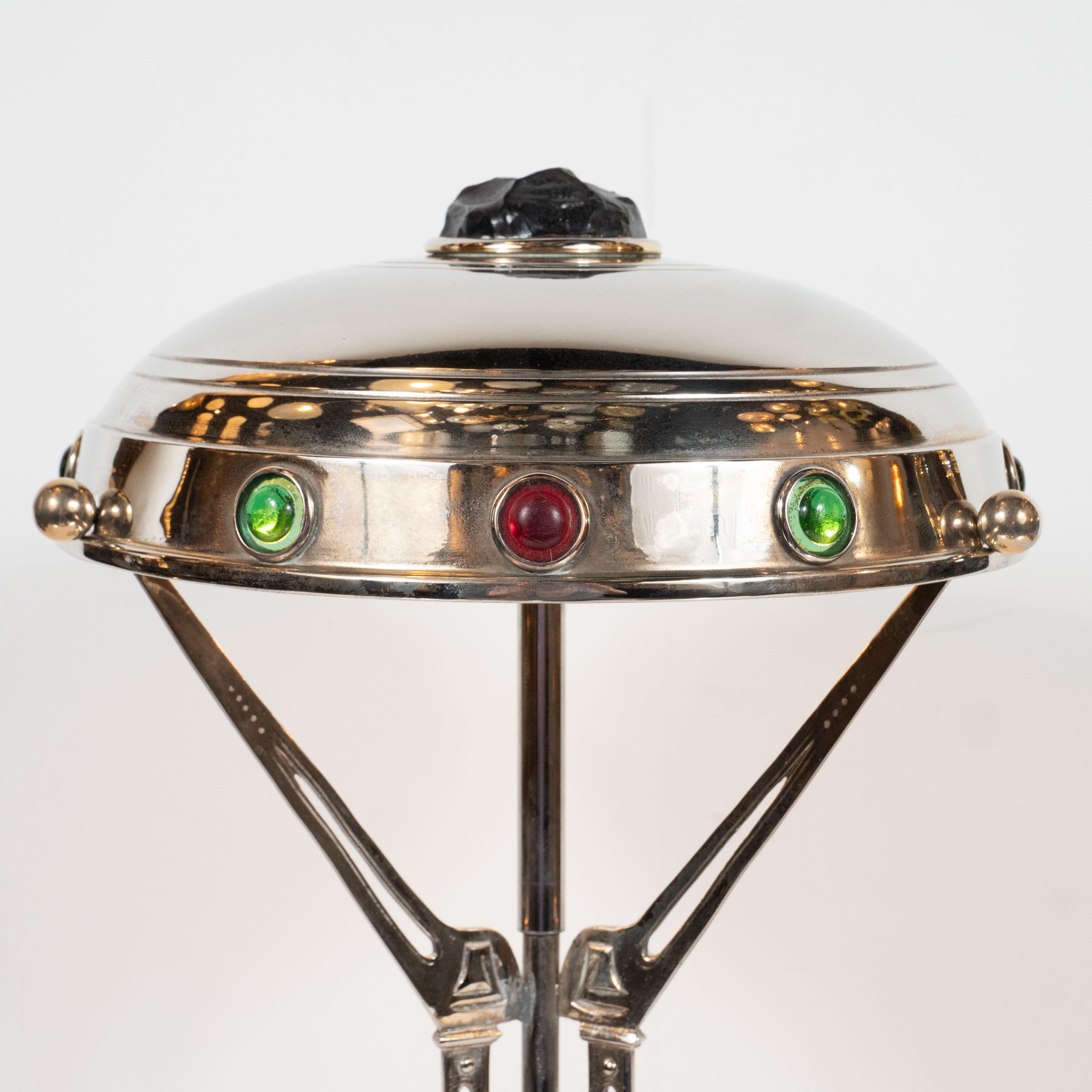 Early 20th Century Art Deco Nickel Table Lamp with Sculptural Supports w/ Jewel Tone Glass Accents