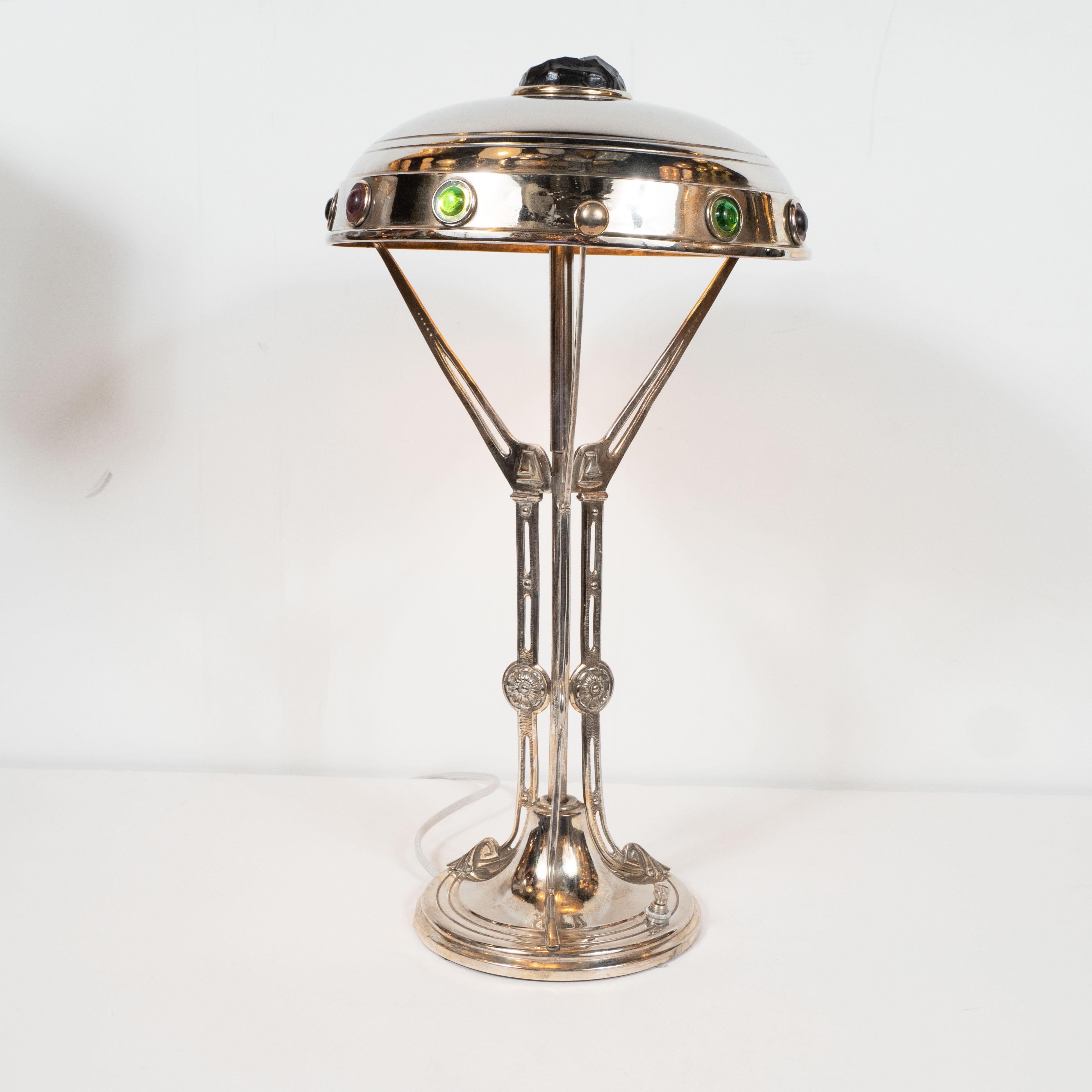 Art Deco Nickel Table Lamp with Sculptural Supports w/ Jewel Tone Glass Accents 2