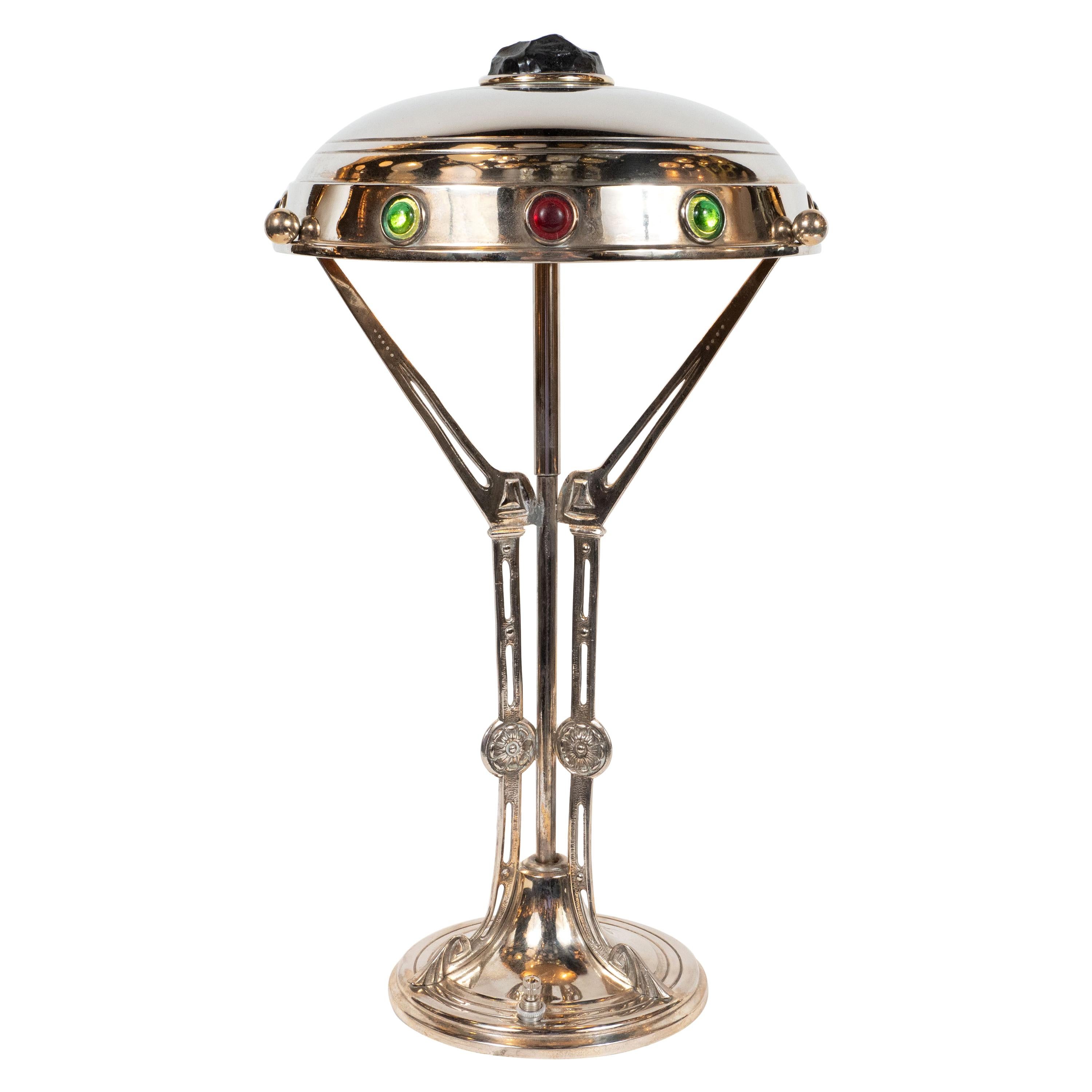 Art Deco Nickel Table Lamp with Sculptural Supports w/ Jewel Tone Glass Accents