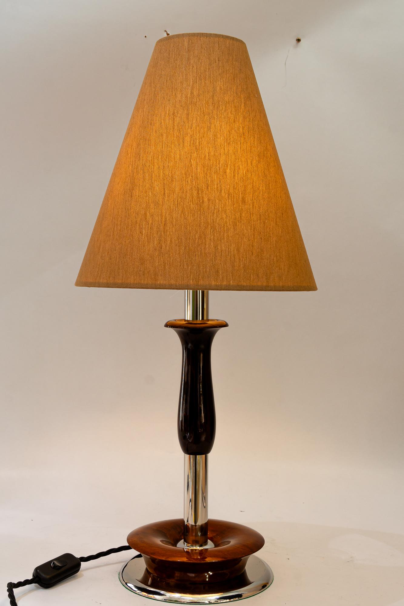 Art Deco Nickel Holz Tischlampe mit Stoffschirm Wien um 1920er Jahre im Angebot 4