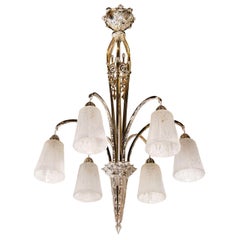 Art Deco Nickeled Bronze and Frosted Glass Six Arm Chandelier by Muller Frères