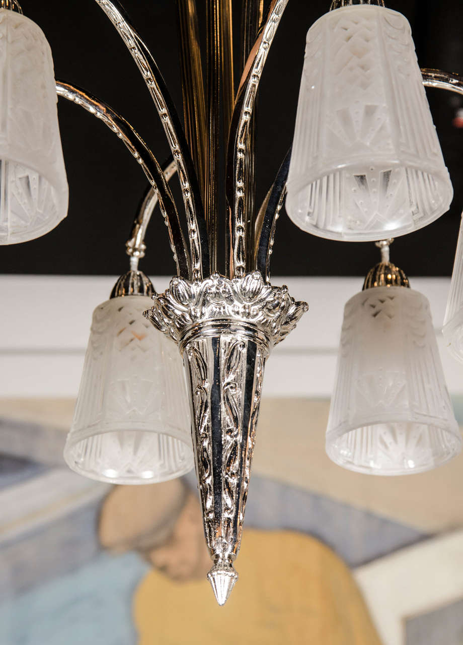 French Art Deco Nickeled Bronze and Frosted Glass Six Arm Chandelier by Muller Frères For Sale