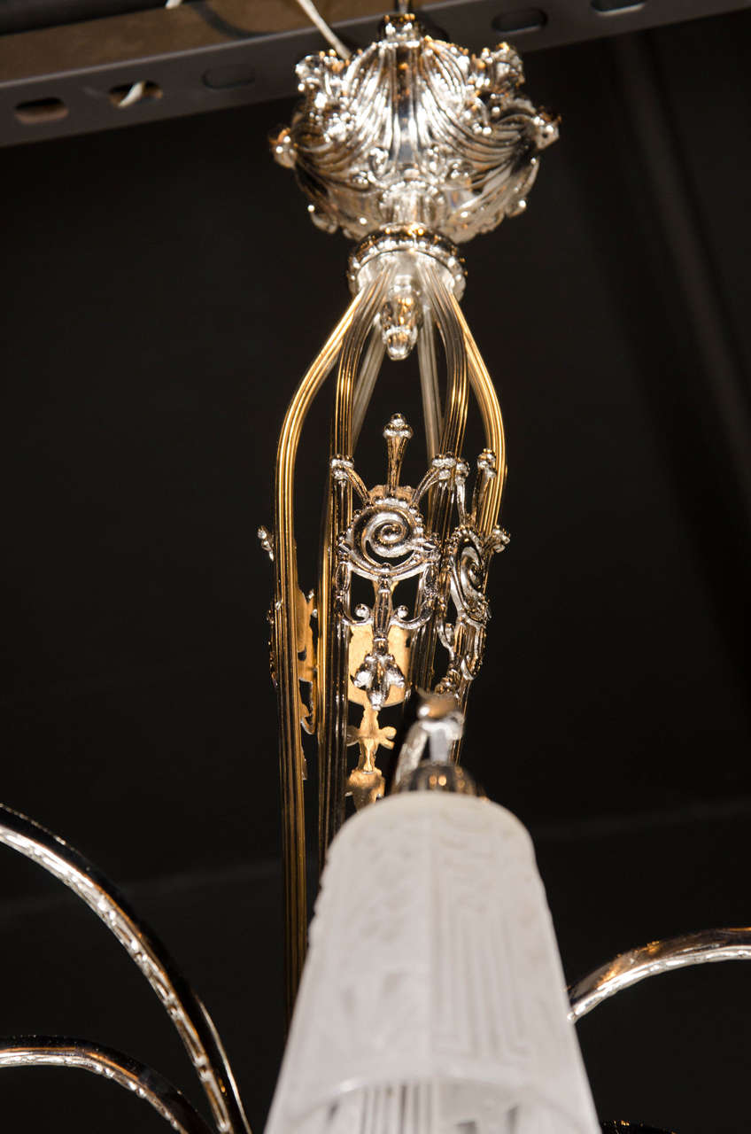 Mid-20th Century Art Deco Nickeled Bronze and Frosted Glass Six Arm Chandelier by Muller Frères For Sale