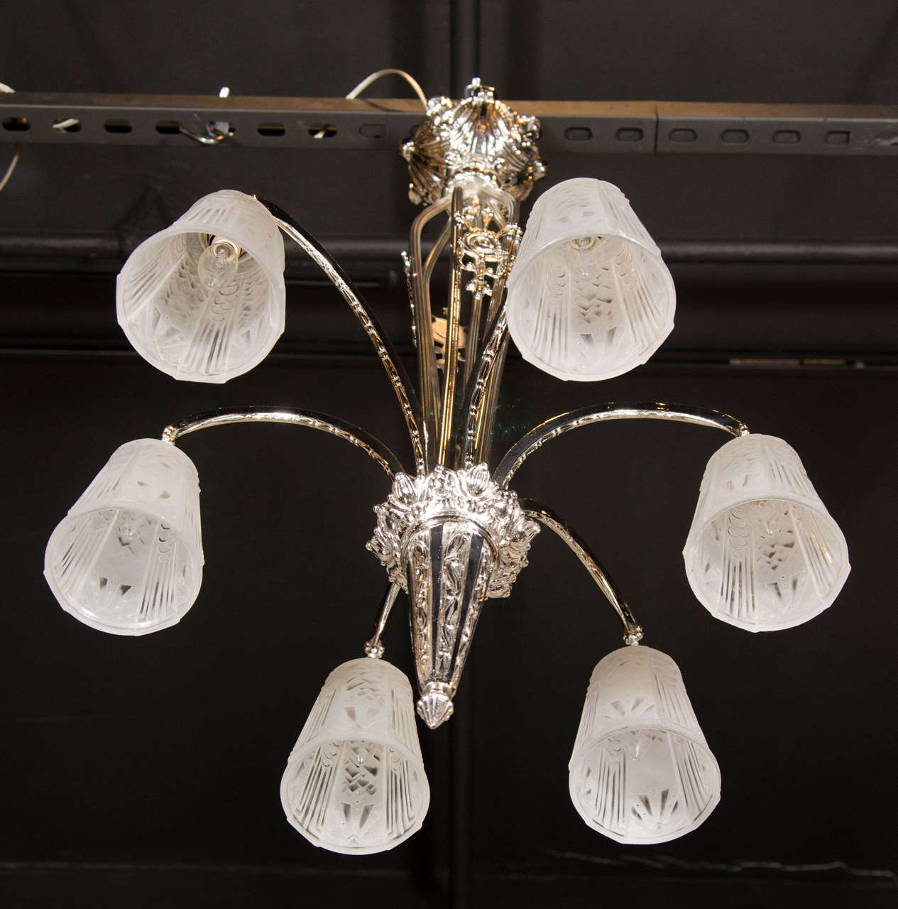 Art Deco Nickeled Bronze and Frosted Glass Six Arm Chandelier by Muller Frères For Sale 1