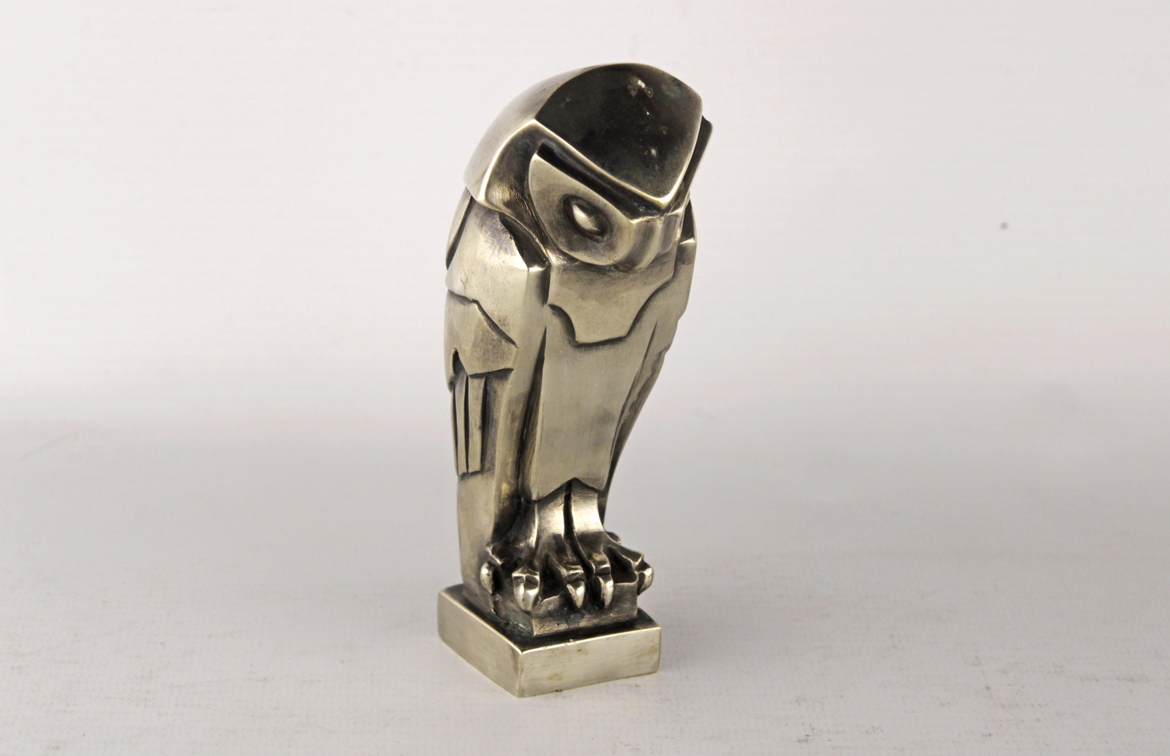 Art Deco Nickelled Bronze Owl-Form Car Mascot. Also used as paperweight. Origin France, circa 1930s. Signed E.M. SANDOZ and Susse Frères firm. Perfect condition. 
The Susse Frères firm was established in 1839 by brothers Michel Victor Susse and