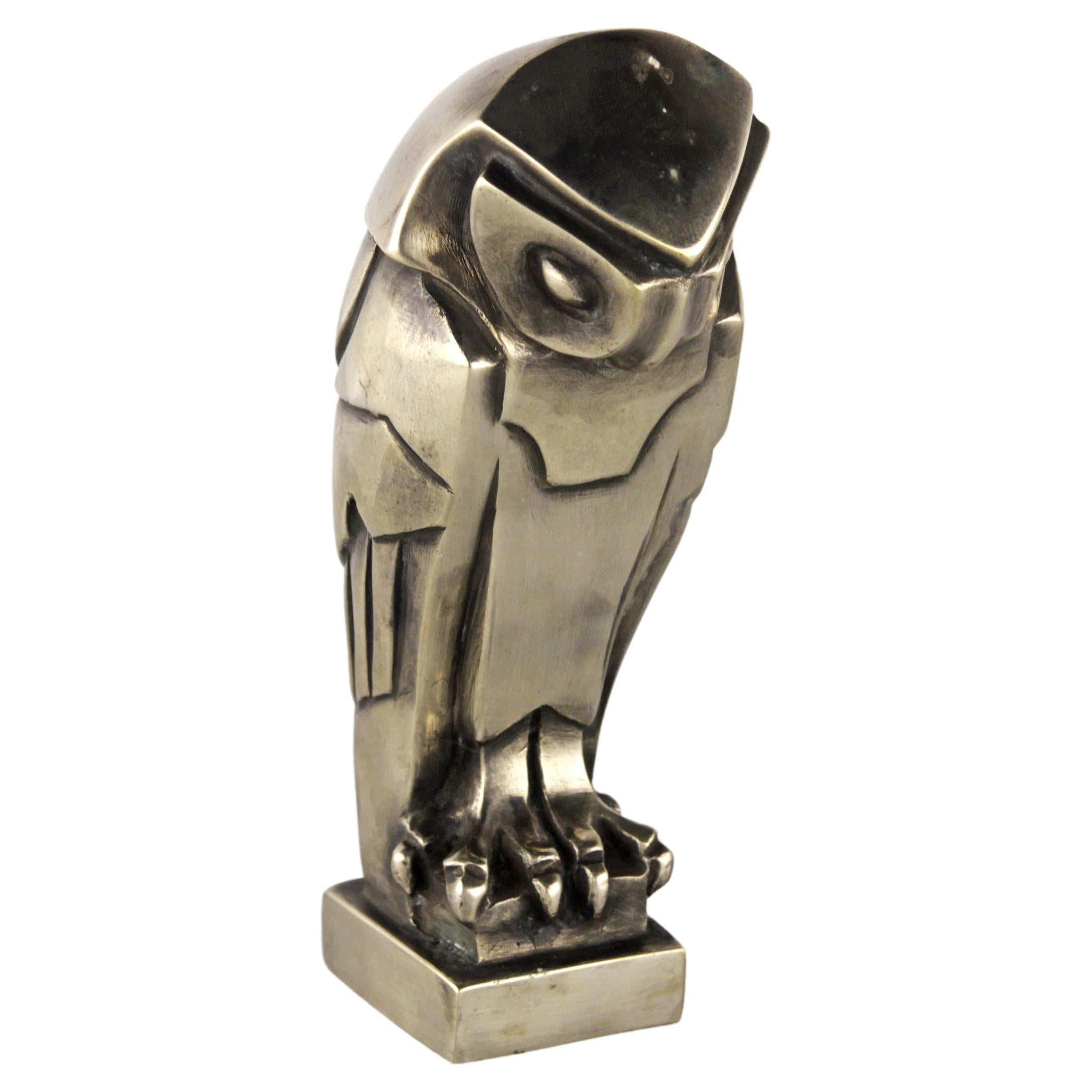 Art Deco Nickelled Bronze Owl-form Car Mascot by Edouard- Marcel Sandoz