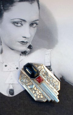 Art Deco Nickle Plated & Coloured Glass Stone Ladies Brooch