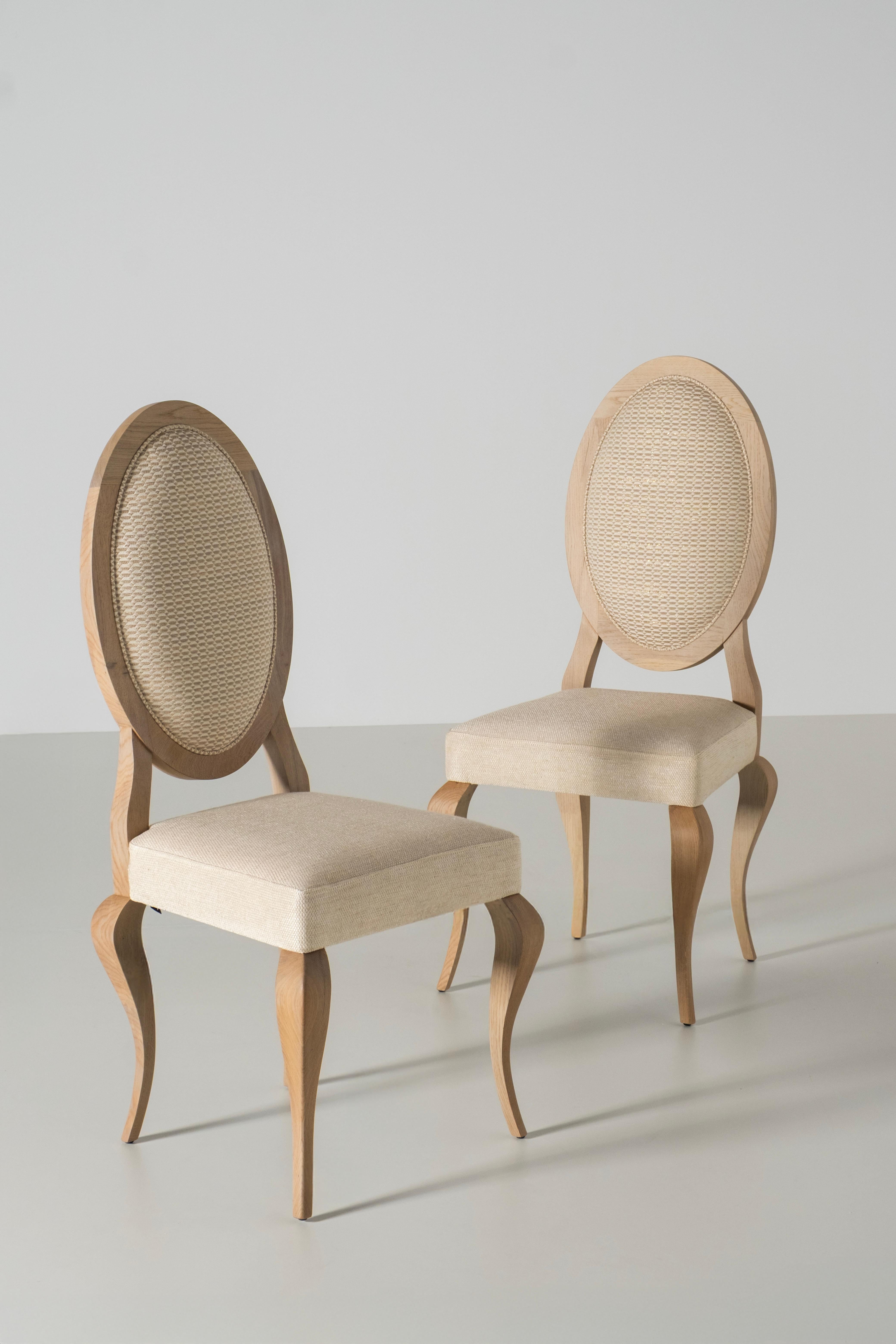 Pelle Sedie da pranzo Art Deco Nicole Set/6, Oak, Lino, Jacquard, fatte a mano Greenapple in vendita