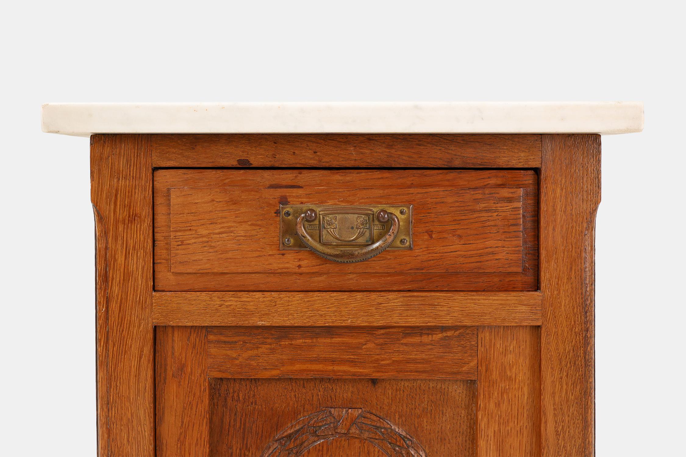 Mid-20th Century Art Deco nightstand in oak with Carrara marble top, France 1930s For Sale