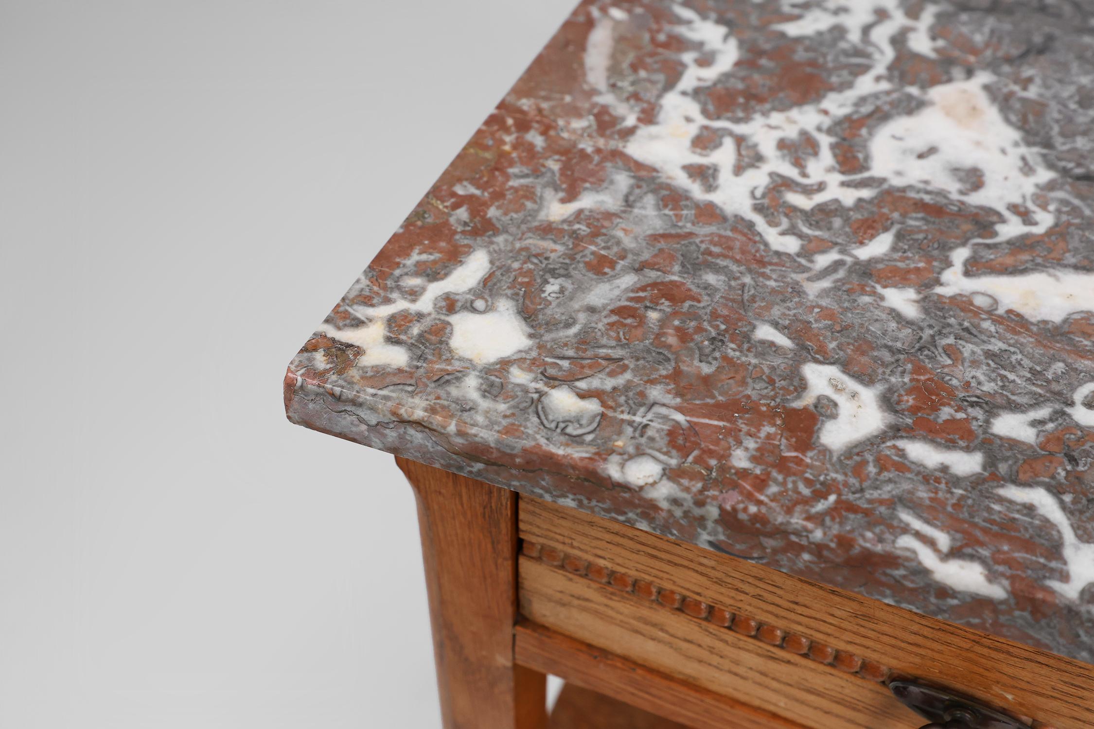 Art Deco nightstand in oak with pink marble top, France ca. 1930 For Sale 3