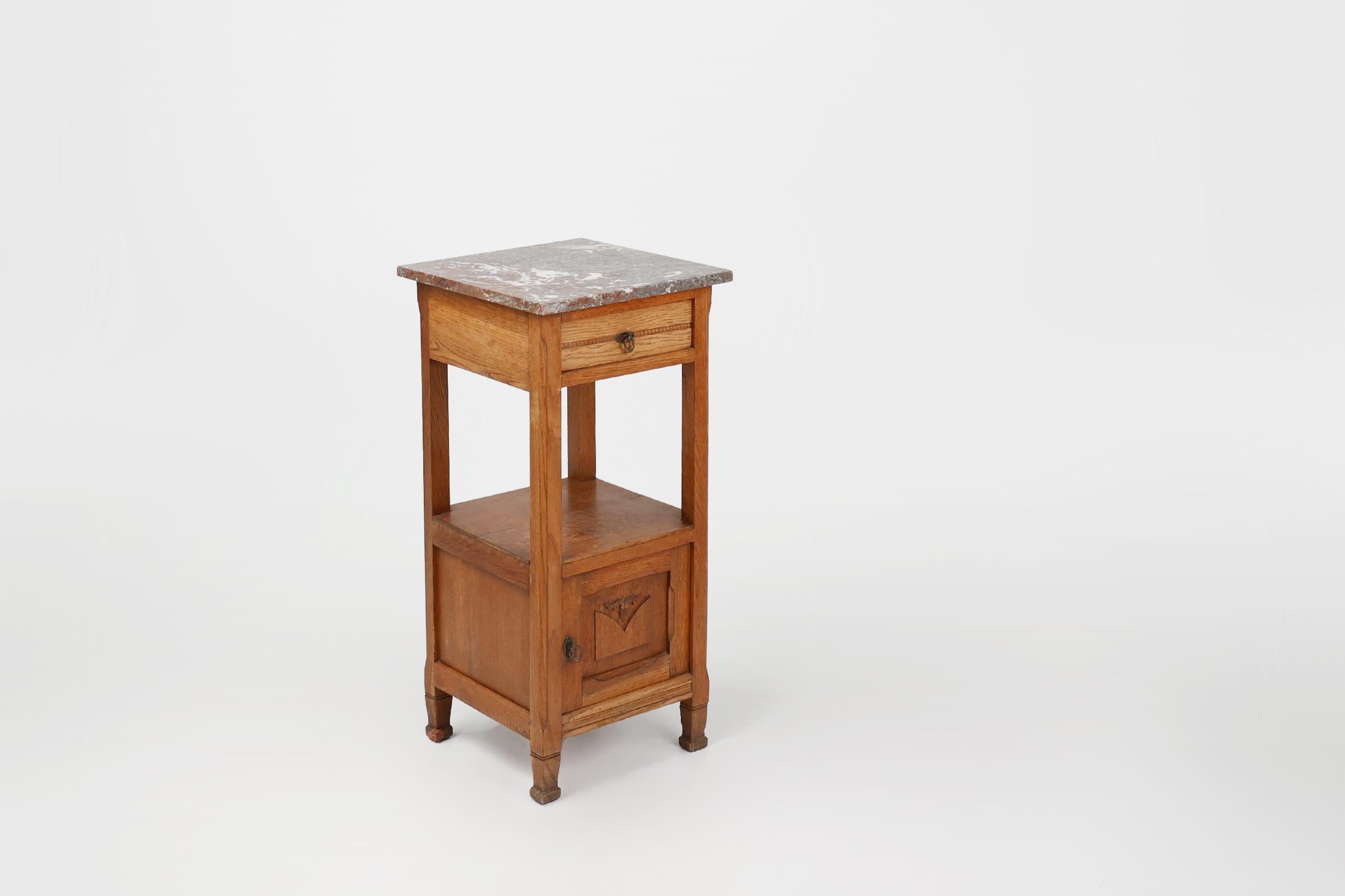 Mid-20th Century Art Deco nightstand in oak with pink marble top, France ca. 1930 For Sale