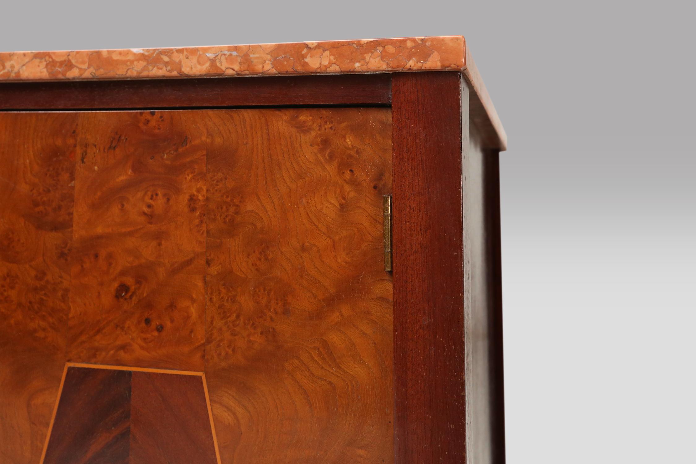 Art Deco nightstand with geometrical wooden inlay and marble top, France, 1930s For Sale 3