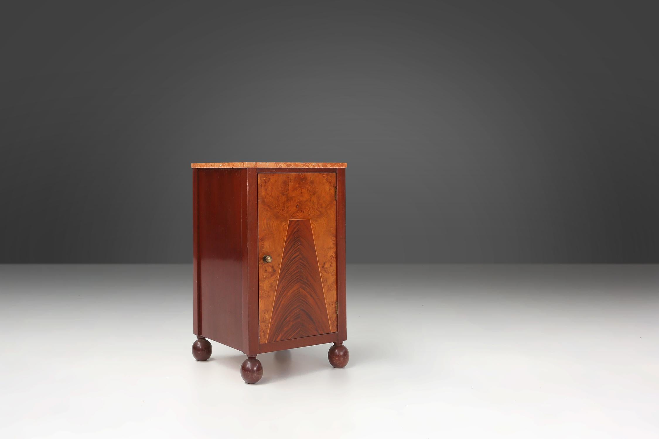 French Art Deco nightstand with geometrical wooden inlay and marble top, France, 1930s For Sale