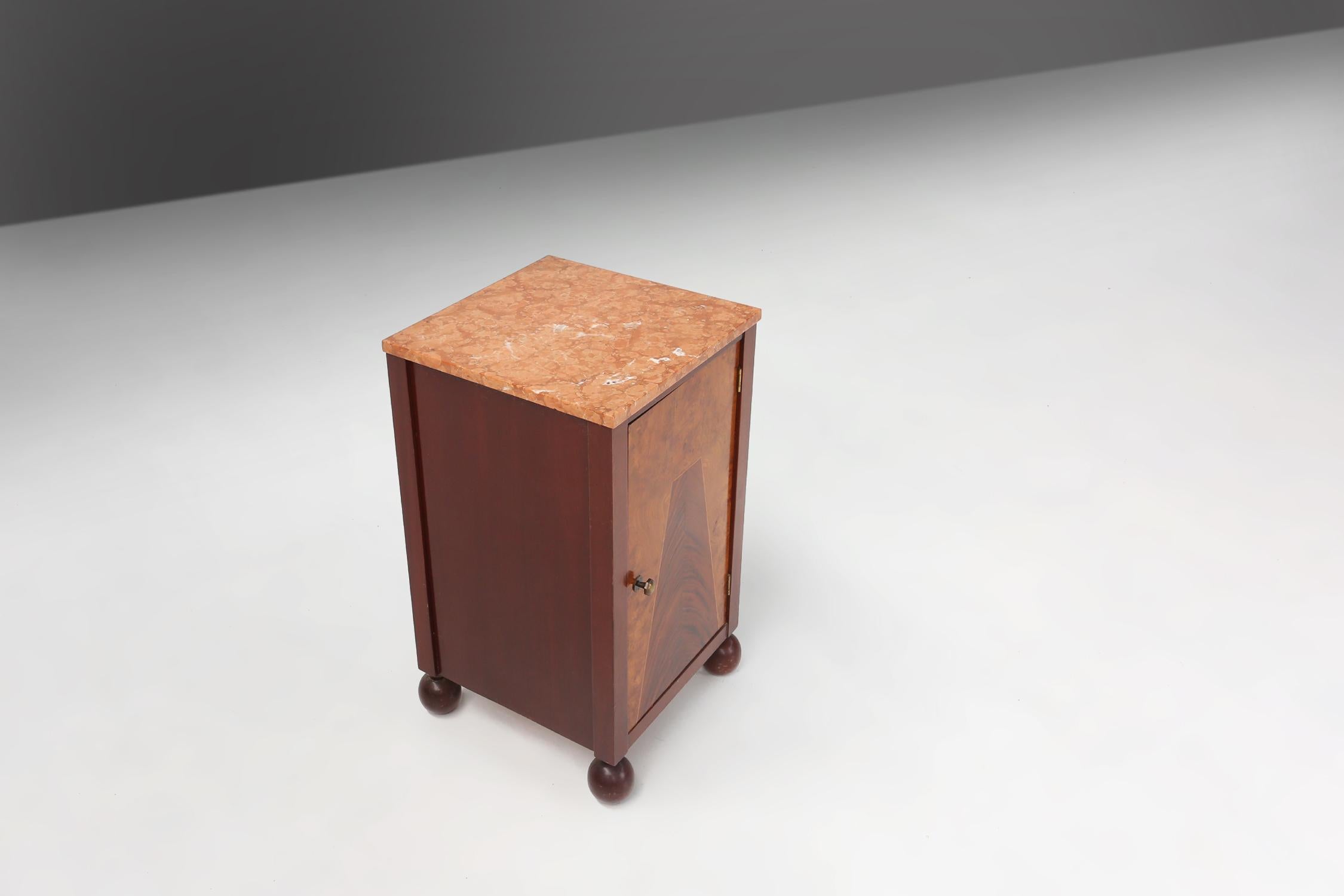Marble Art Deco nightstand with geometrical wooden inlay and marble top, France, 1930s