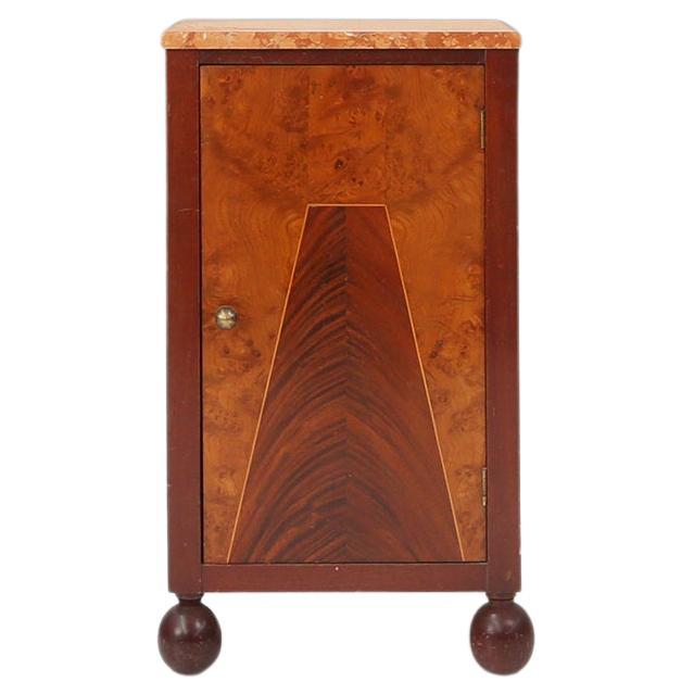 Art Deco nightstand with geometrical wooden inlay and marble top, France, 1930s For Sale