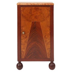 Art Deco nightstand with geometrical wooden inlay and marble top, France, 1930s