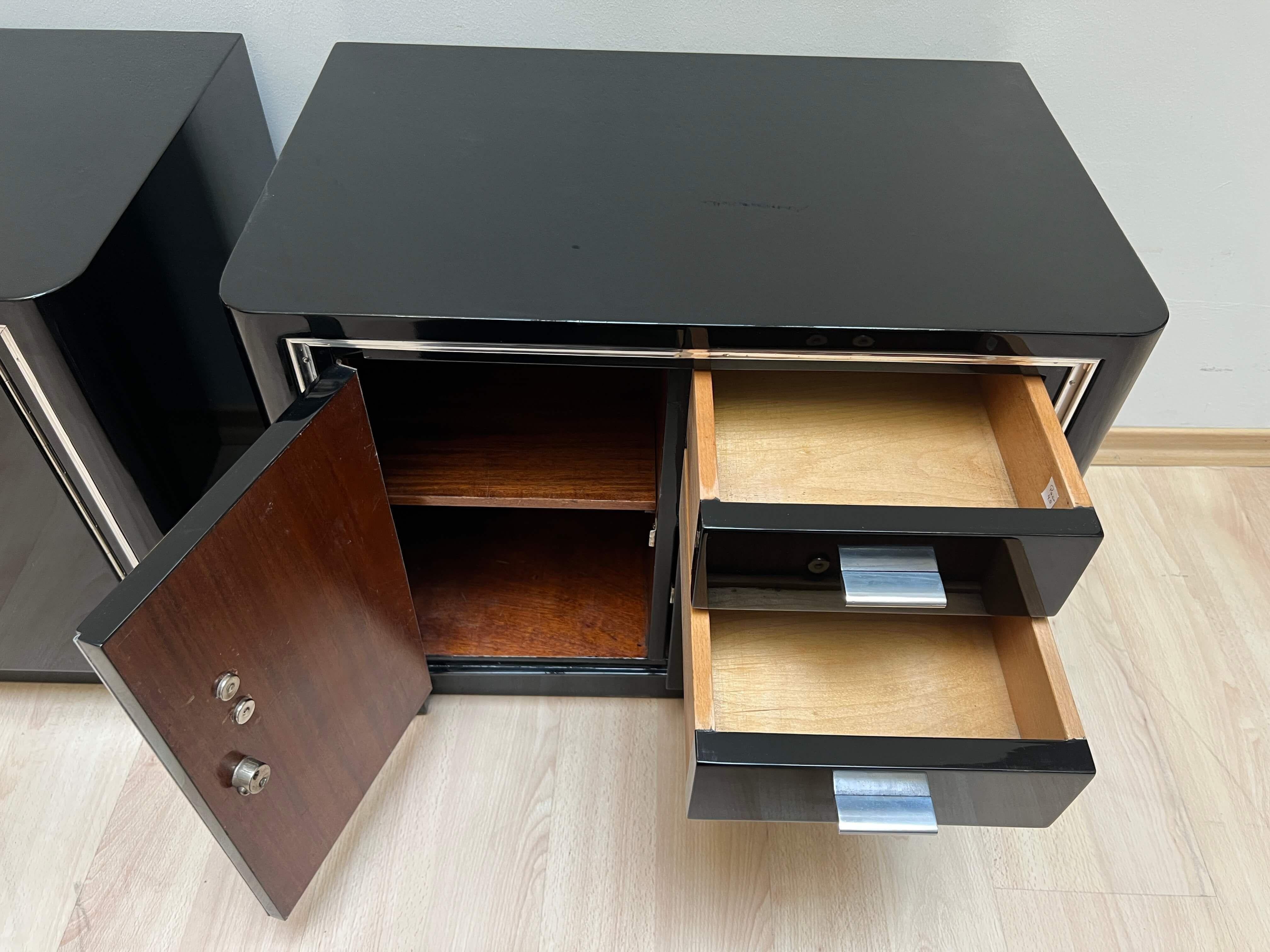 Art Deco Nightstands, Black lacquer and Metal, France circa 1940 7