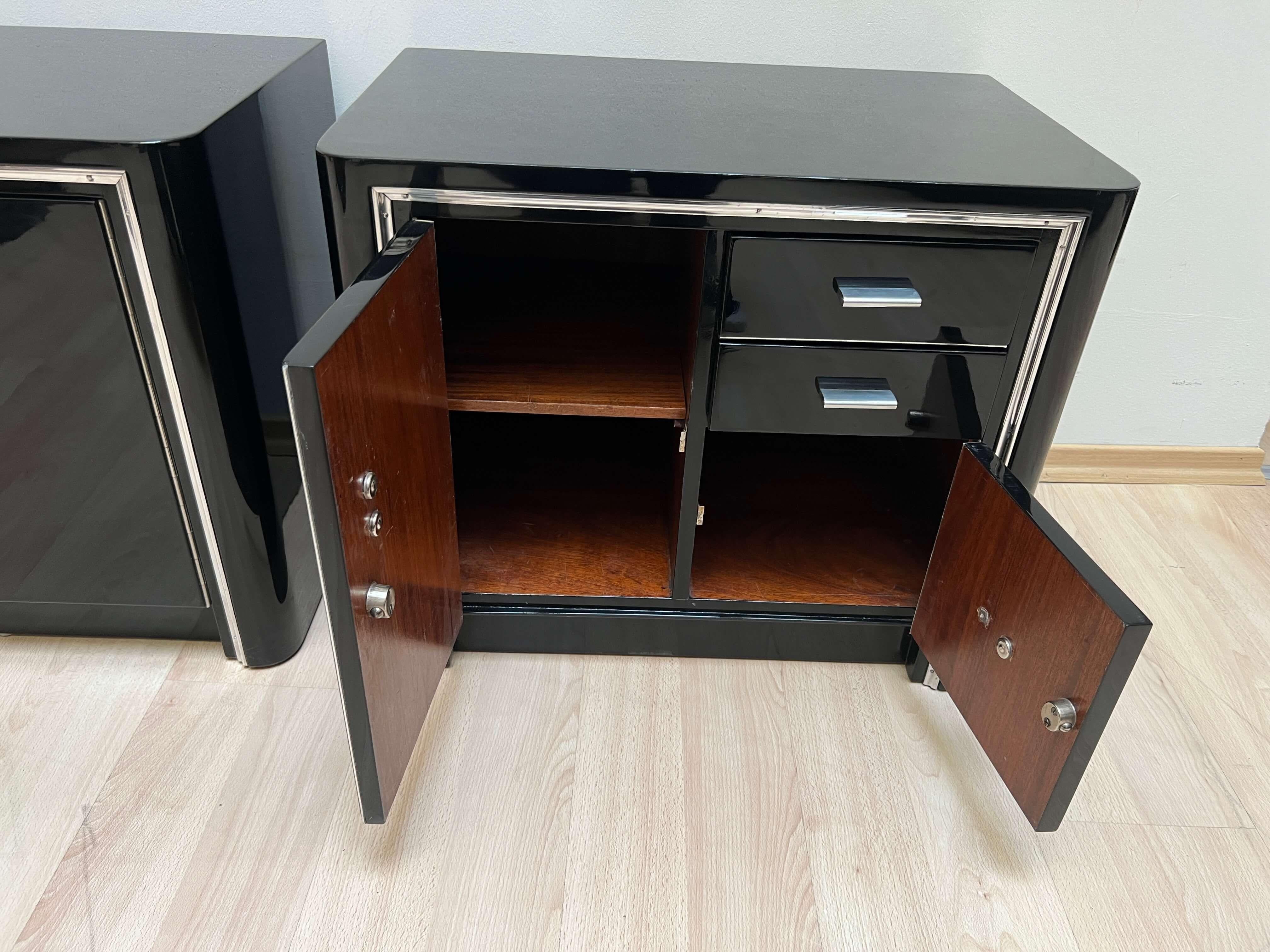 Art Deco Nightstands, Black lacquer and Metal, France circa 1940 8