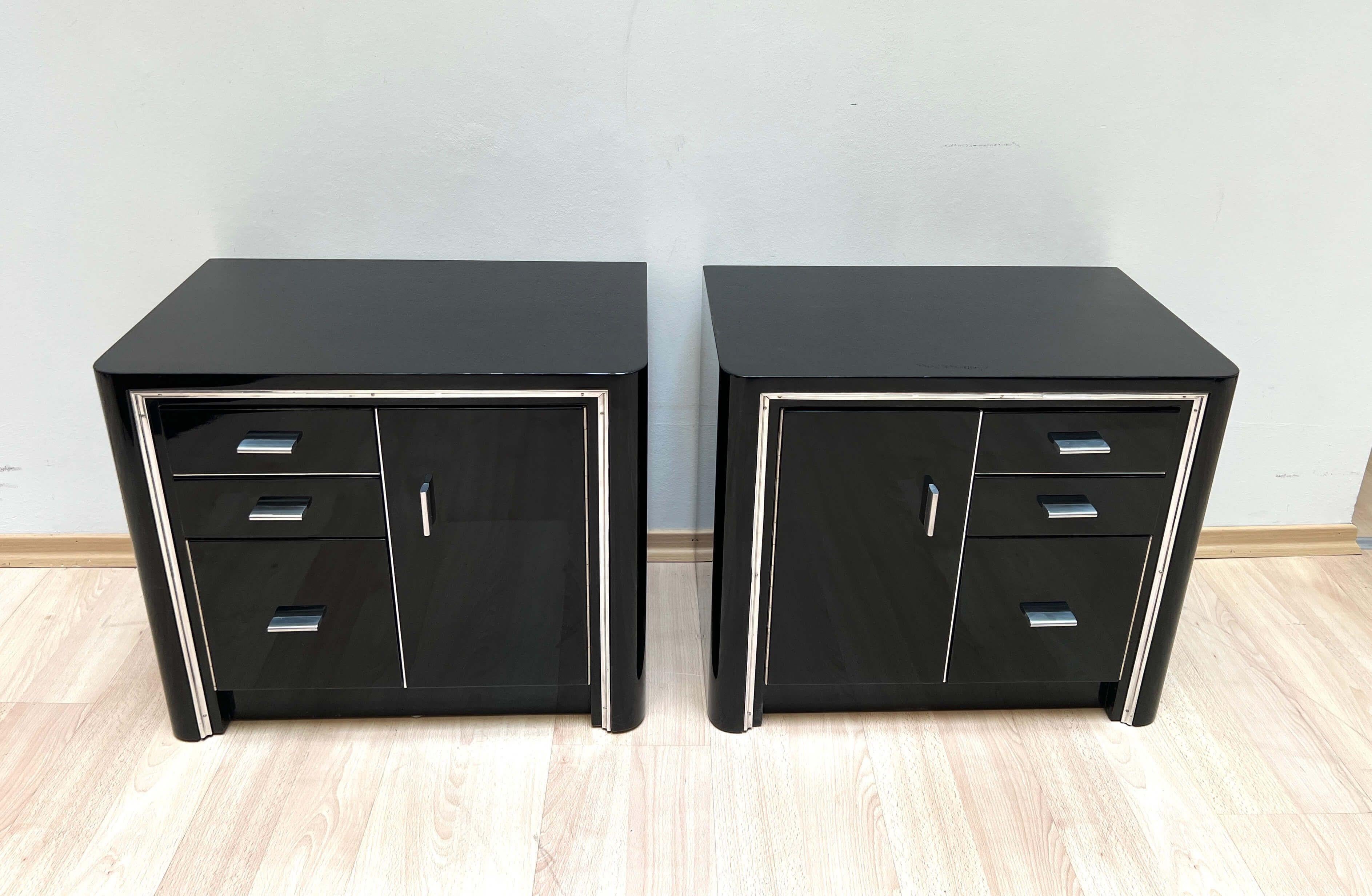 French Art Deco Nightstands, Black lacquer and Metal, France circa 1940