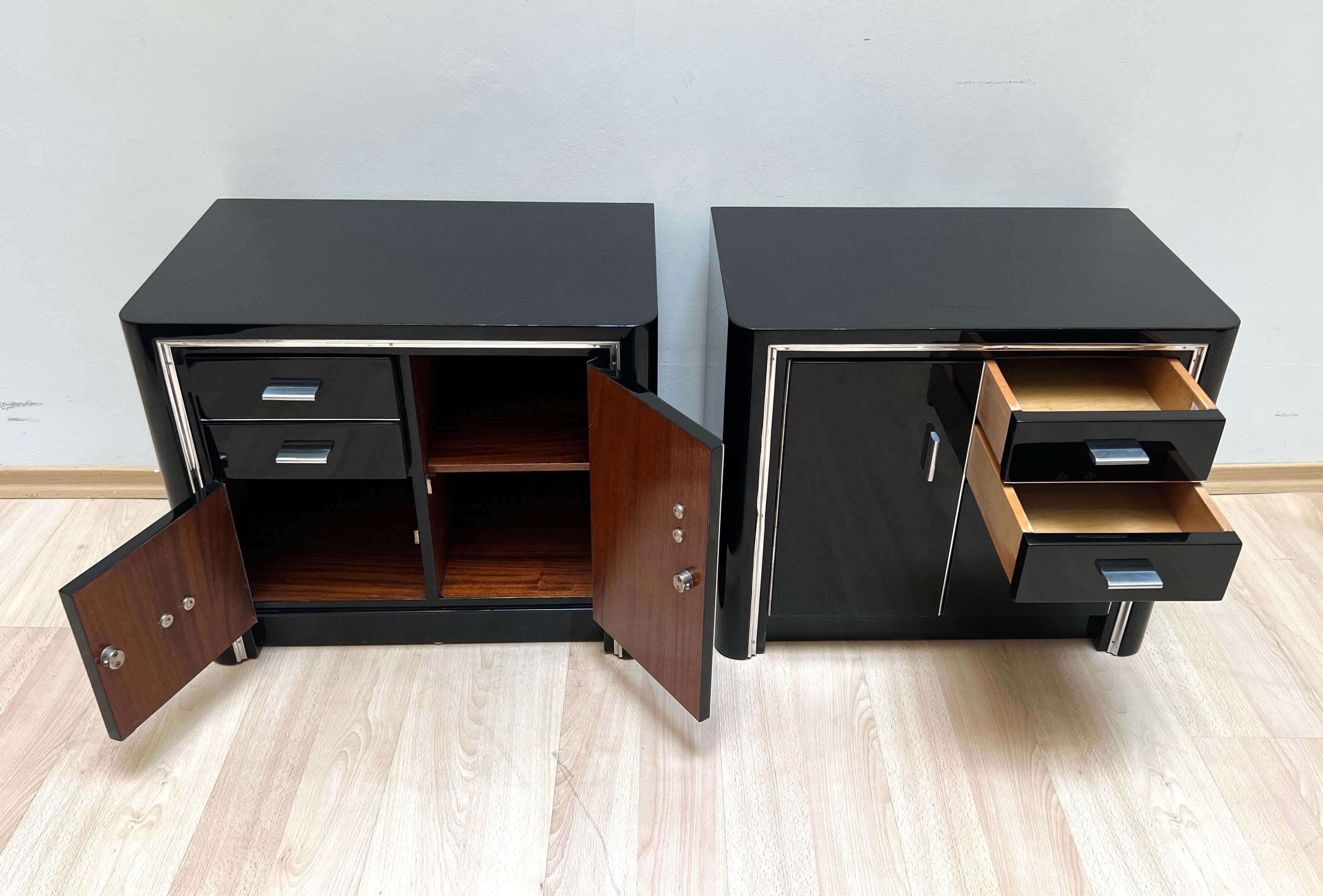 Mid-20th Century Art Deco Nightstands, Black lacquer and Metal, France circa 1940