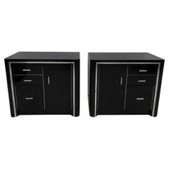 Vintage Art Deco Nightstands, Black lacquer and Metal, France circa 1940