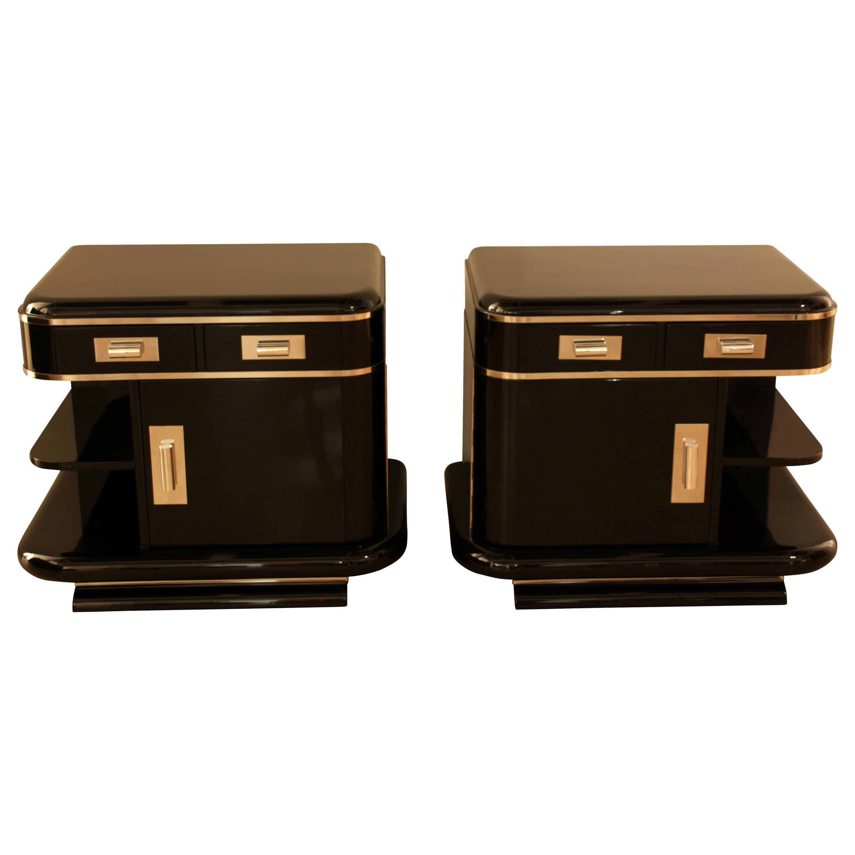 Art Deco Nightstands, Black Lacquer, France, circa 1930