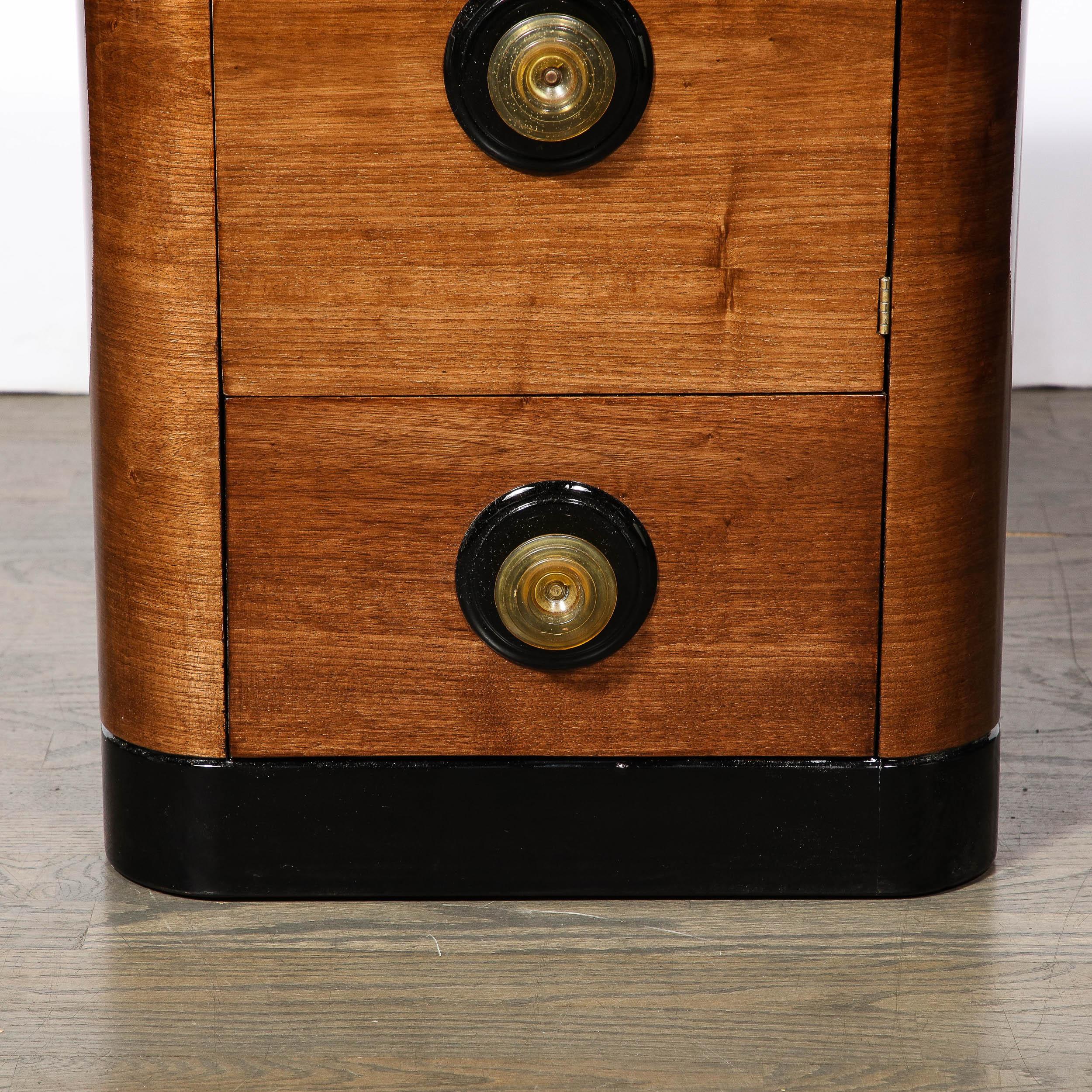 Art Deco Nightstands in Book-matched & Burled Walnut w/ Amber Bakelite Pulls In Excellent Condition In New York, NY