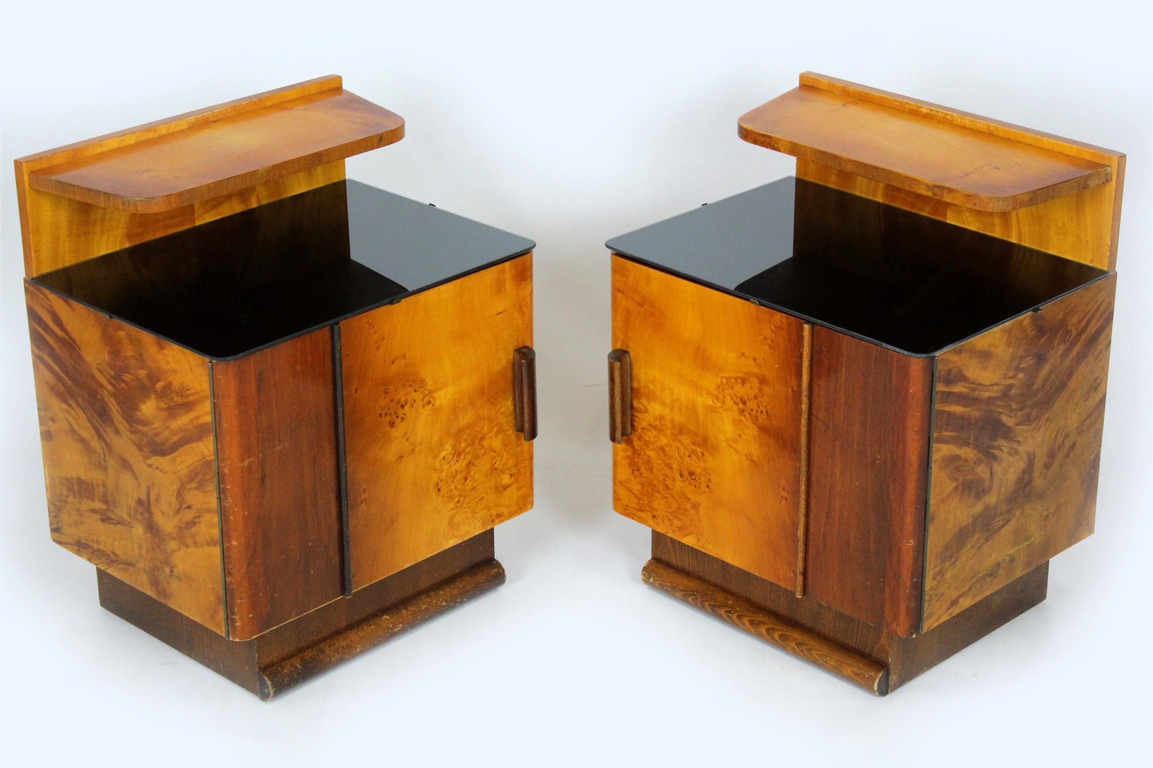 Art Deco Nightstands with Black Glass Tops, 1950s, Set of 2 In Good Condition In Żory, PL