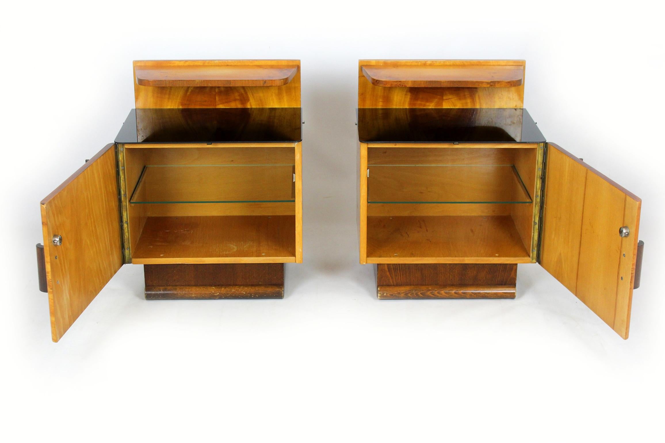 20th Century Art Deco Nightstands with Black Glass Tops, 1950s, Set of 2