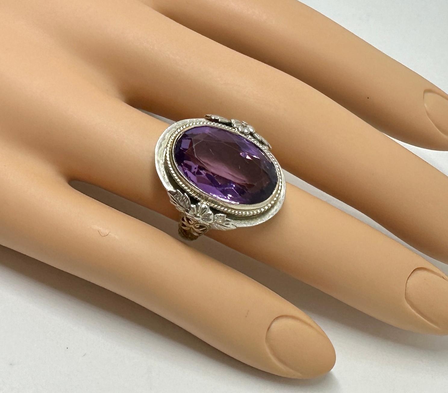 Oval Cut Art Deco Nine Carat Amethyst Ring 14 Karat White Gold Antique Filigree For Sale