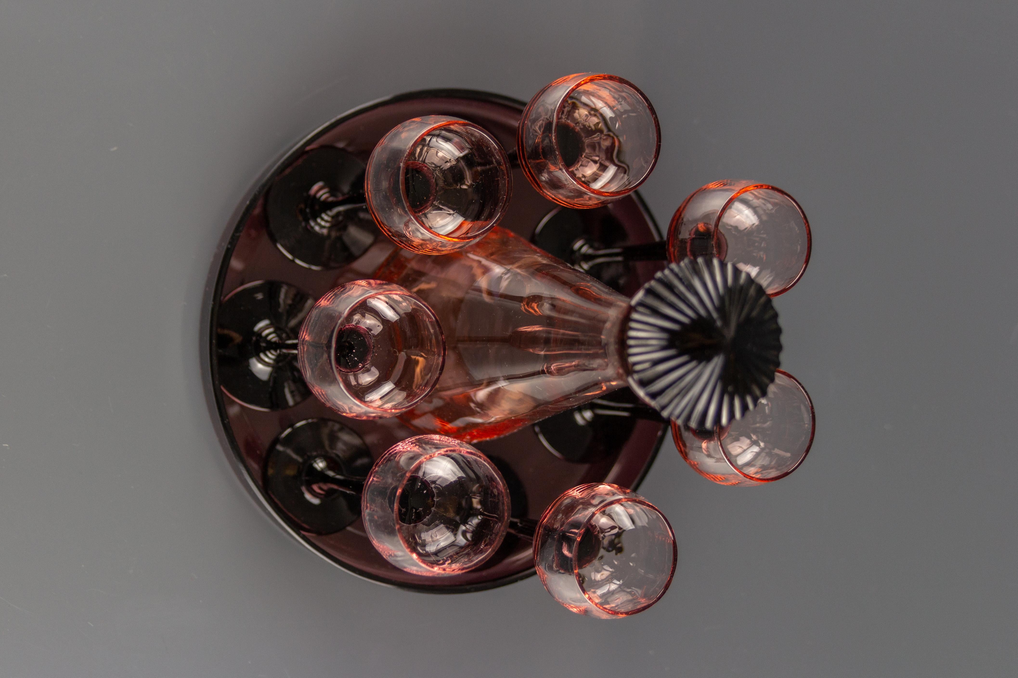 Art Deco Nine-Piece Liqueur Pink Glass Set, Decanter and Seven Glasses with Tray 5
