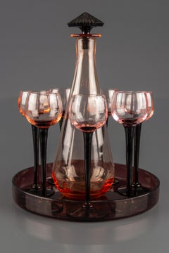 Art Deco Nine-Piece Liqueur Pink Glass Set, Decanter and Seven Glasses with Tray